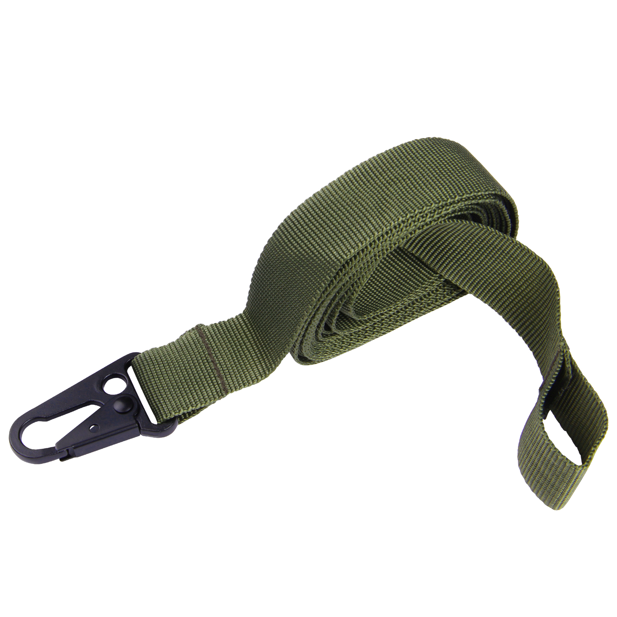 Cinghia verde in robusto nylon con moschettone nero in metallo, parte del set yourGEAR Bushcraft Tarp 3x3, ideale per fissare il telo da campeggio, resistente e adatta per esterni.