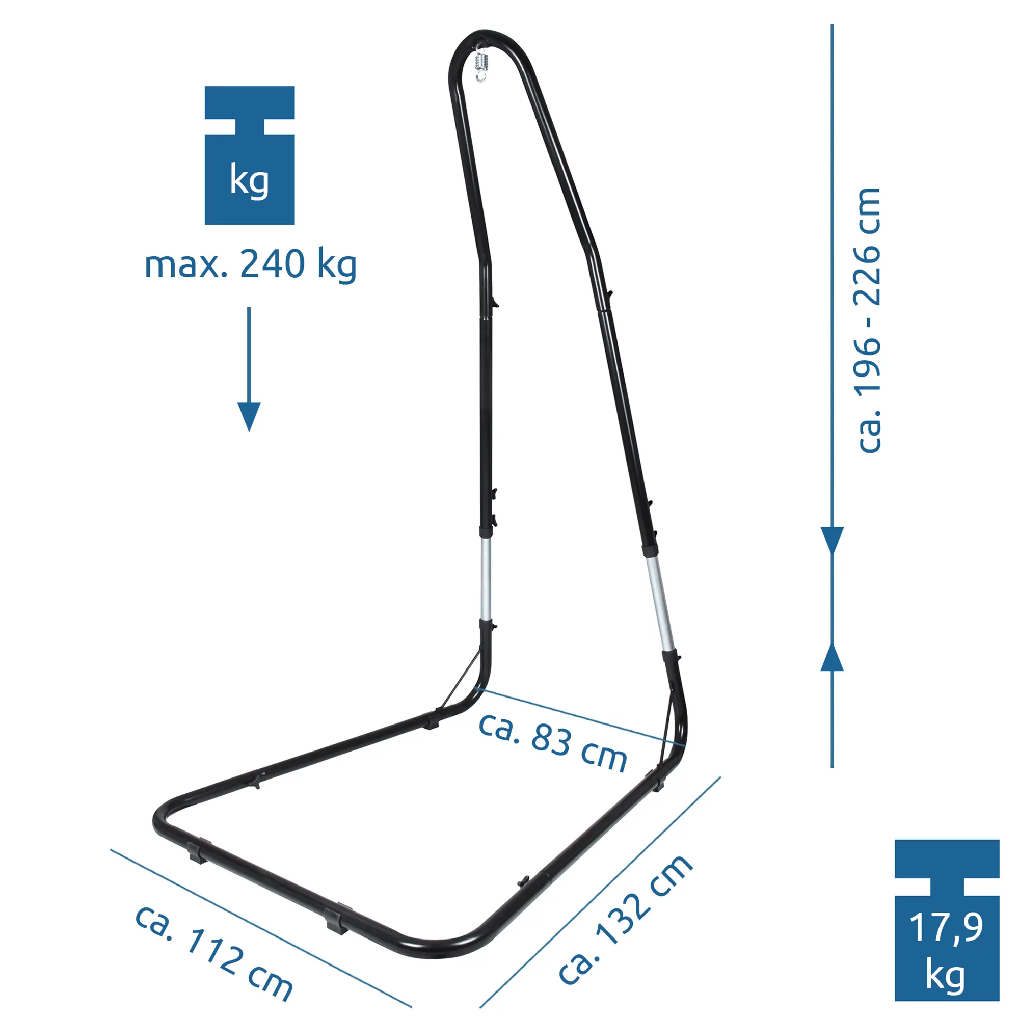 Black your GEAR hammock chair stand, height adjustable from 196 to 226 cm, robust steel frame, max load 240 kg, base 132 x 112 cm, weighs 17.9 kg, TÜV certified, non-slip feet, suitable for indoor and outdoor use.