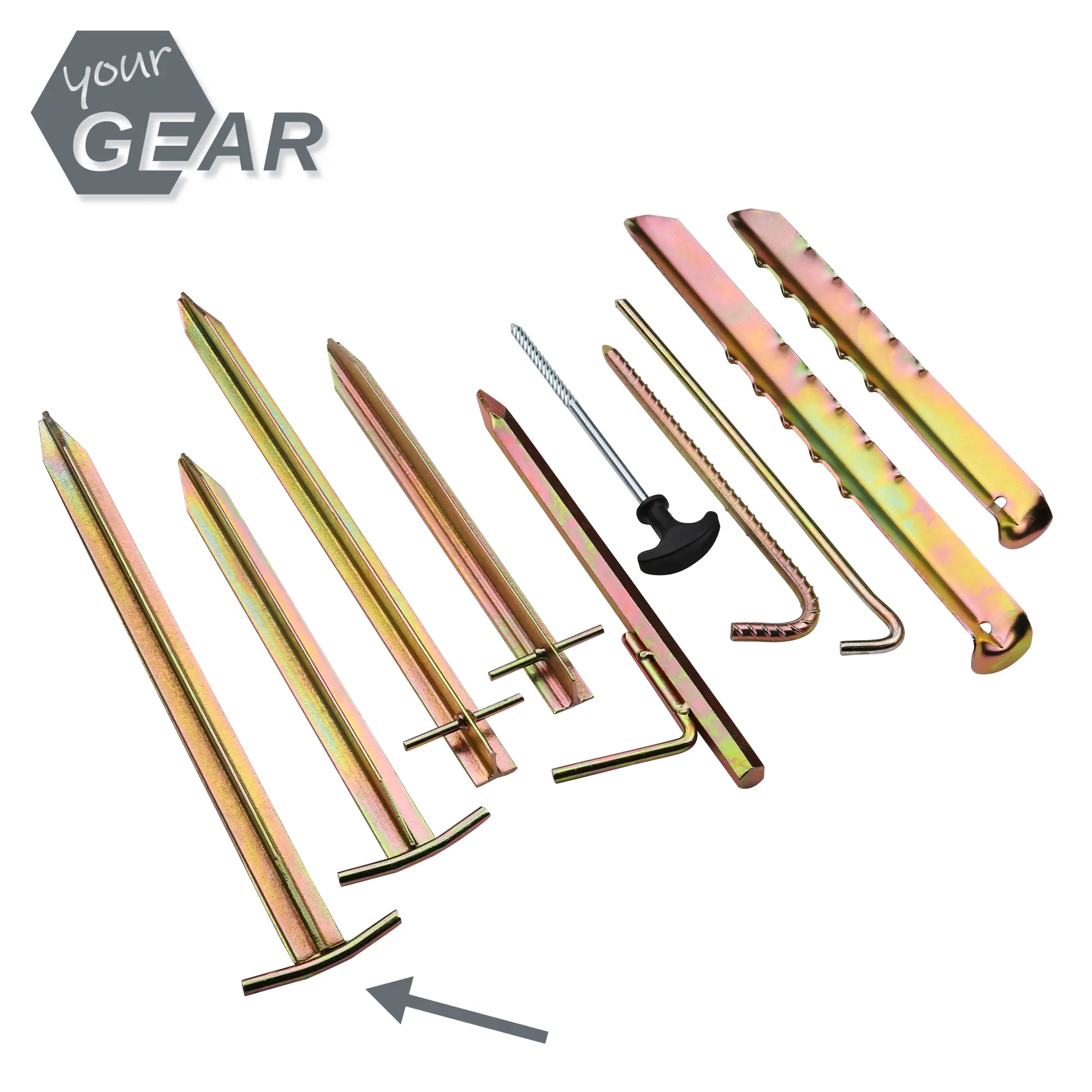 Set de 8 piquets de tente your GEAR TT 400 en acier, profil en T, robustes, longueur 400 mm, adaptés à la fixation de tentes, accessoires visibles sur fond blanc, logo your GEAR en haut à gauche.