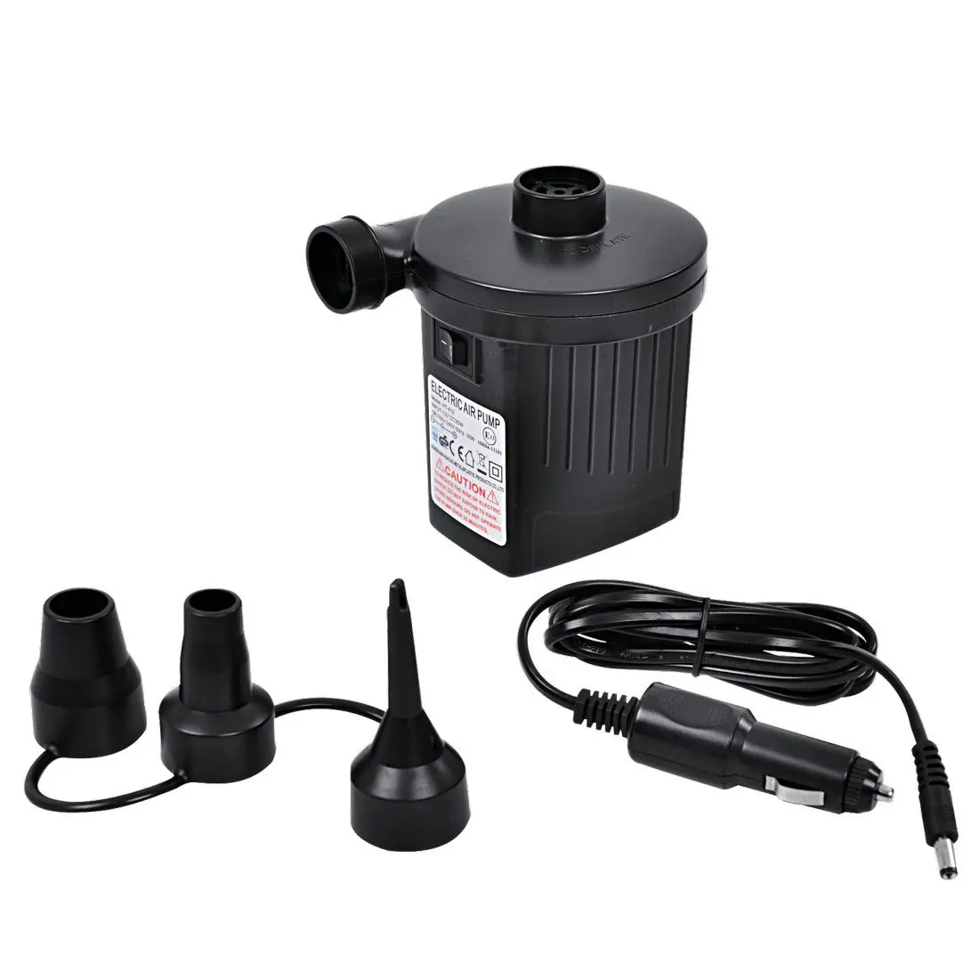 Jilong Elektro Luftpumpe 230V/12V schwarz, kompakter Luft-Kompressor mit drei Adapterdüsen und Netzkabel, ideal zum schnellen Aufpumpen von Luftmatratzen, Pools oder Booten, 25mbar, Euro-Stecker.
