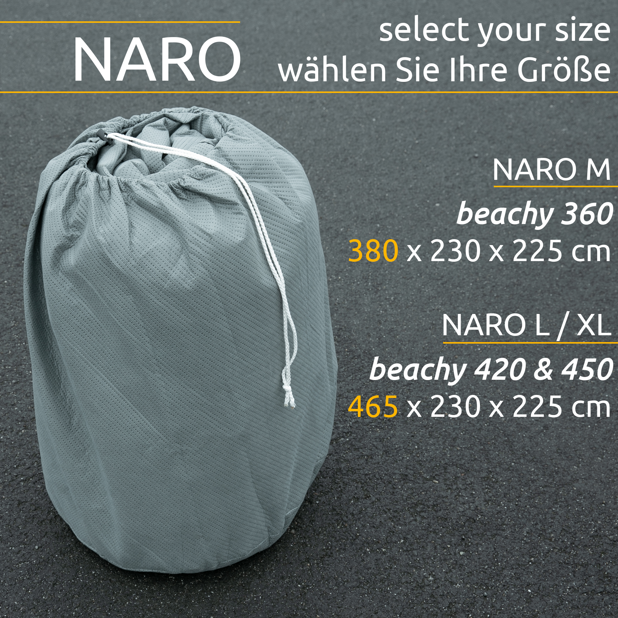 Grey your GEAR Naro M caravan cover for Hobby beachy 360, shown packed in a drawstring bag on asphalt. Text highlights two sizes: 380x230x225 cm and 465x230x225 cm. Four-layer premium protective material.