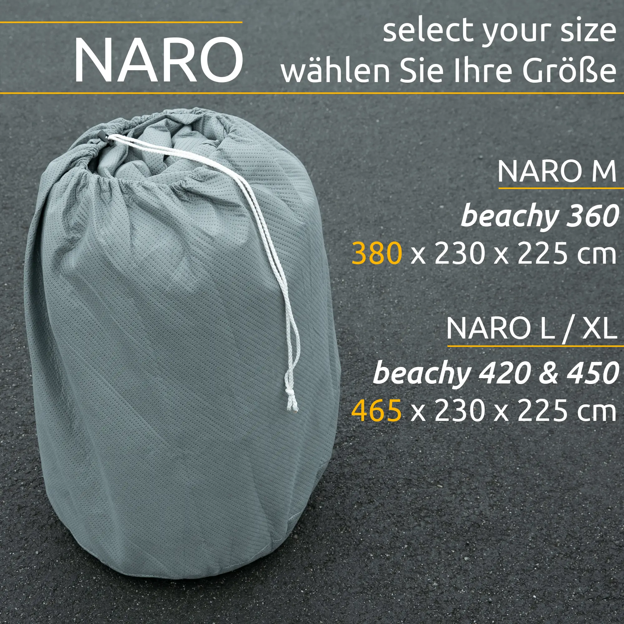 Copertura per caravan your GEAR Naro M per Hobby beachy 360, colore grigio, in materiale premium a 4 strati, con sacca e cordino, dimensioni 380 x 230 x 225 cm, adatta per protezione dalle intemperie.