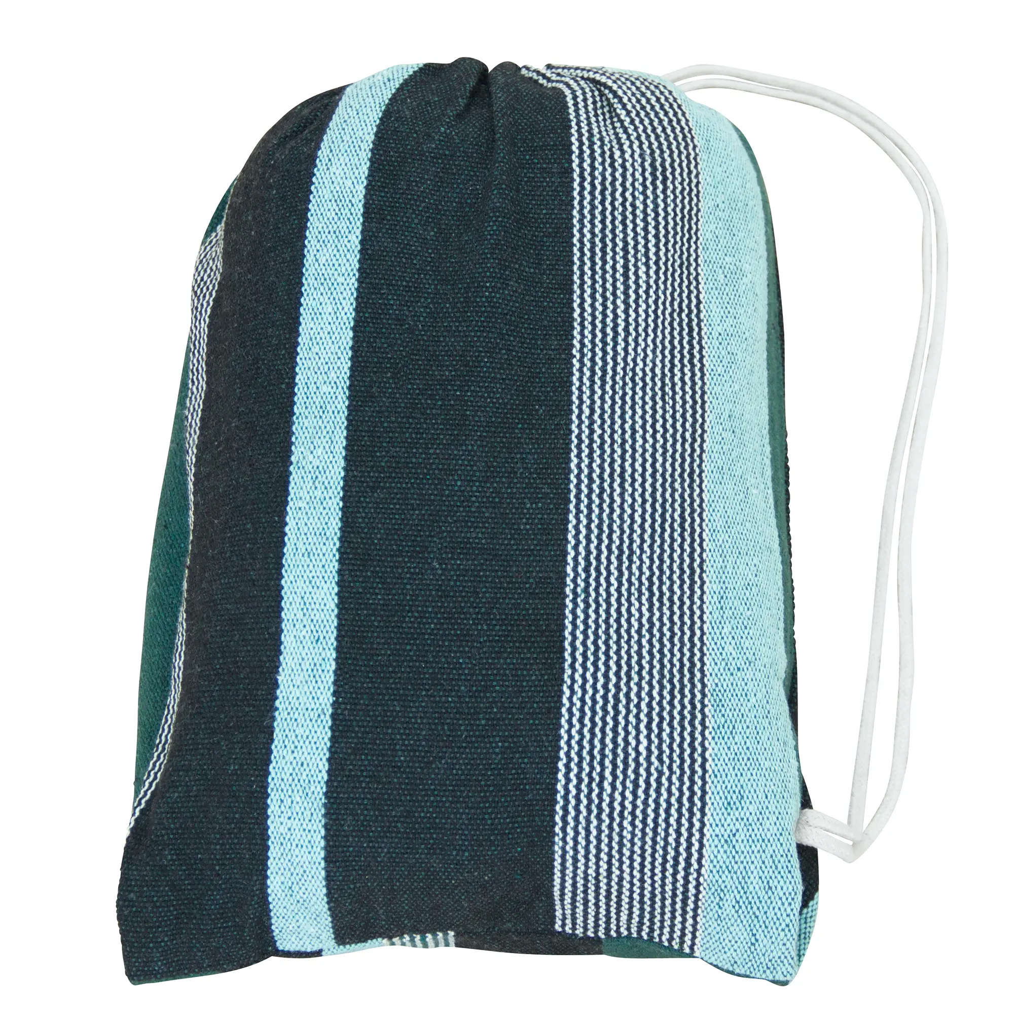 yourGEAR Cebu Smaragd Hängematte in Packtasche, gestreiftes Design in Smaragdgrün und Blau, kompakt verpackt mit Kordelzug, aus Baumwolle, geeignet für 2 Personen, Outdoor und Indoor.