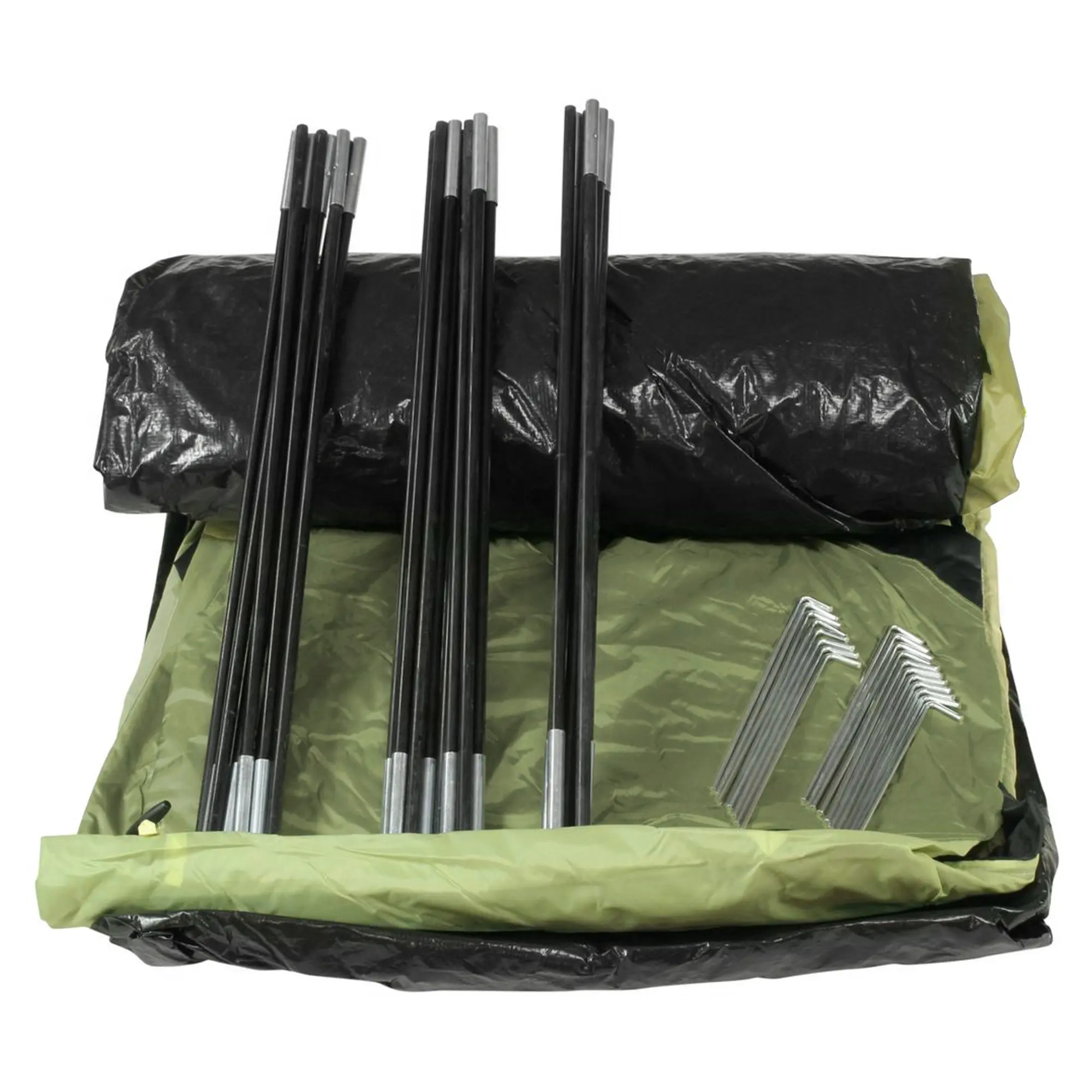 Zubehör des 10T Glenhill Beechnut 4 Mann Kuppelzelts: zusammengelegtes Zelt in Grün/Schwarz, mehrere Zeltstangen und Heringe, alle Teile ordentlich nebeneinander aufgereiht.