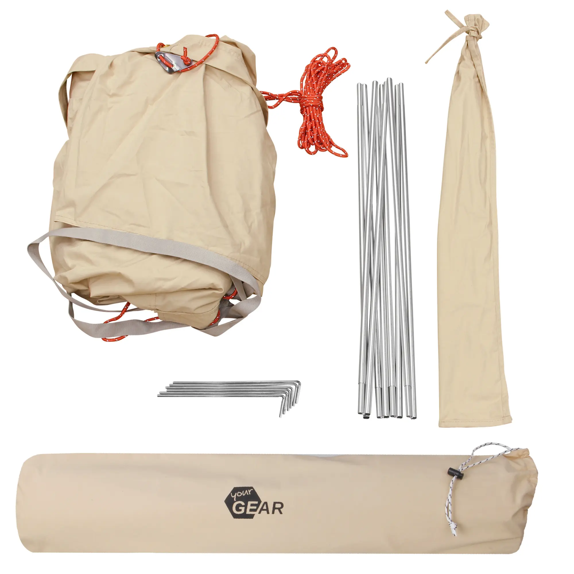your GEAR Desert 8 Pro UV50+ cotton-mix tipi tent set: beige packed tent, orange guy lines, metal poles, stakes, and carrying bags, suitable for 4-8 people camping or family outdoor use.