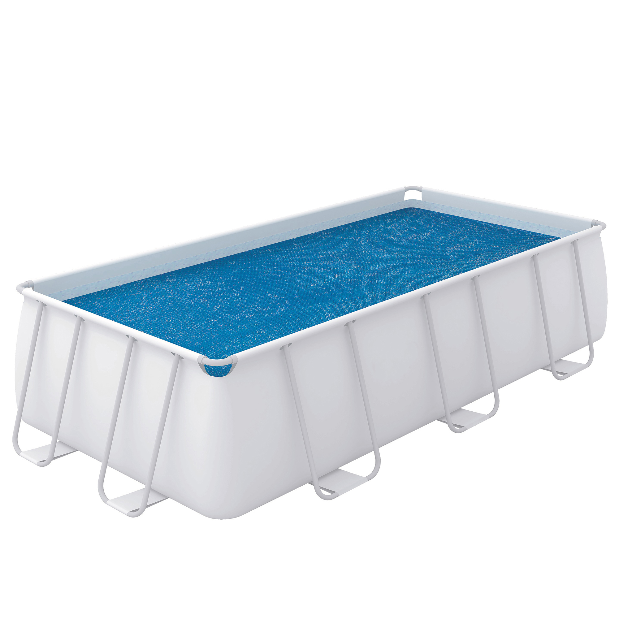 Rectangular your GEAR Solarplane SC-400x200 300µm pool solar cover in blue, shown placed on a white frame pool, designed to retain heat and warm pool water using solar energy. Ideal for pool heating.