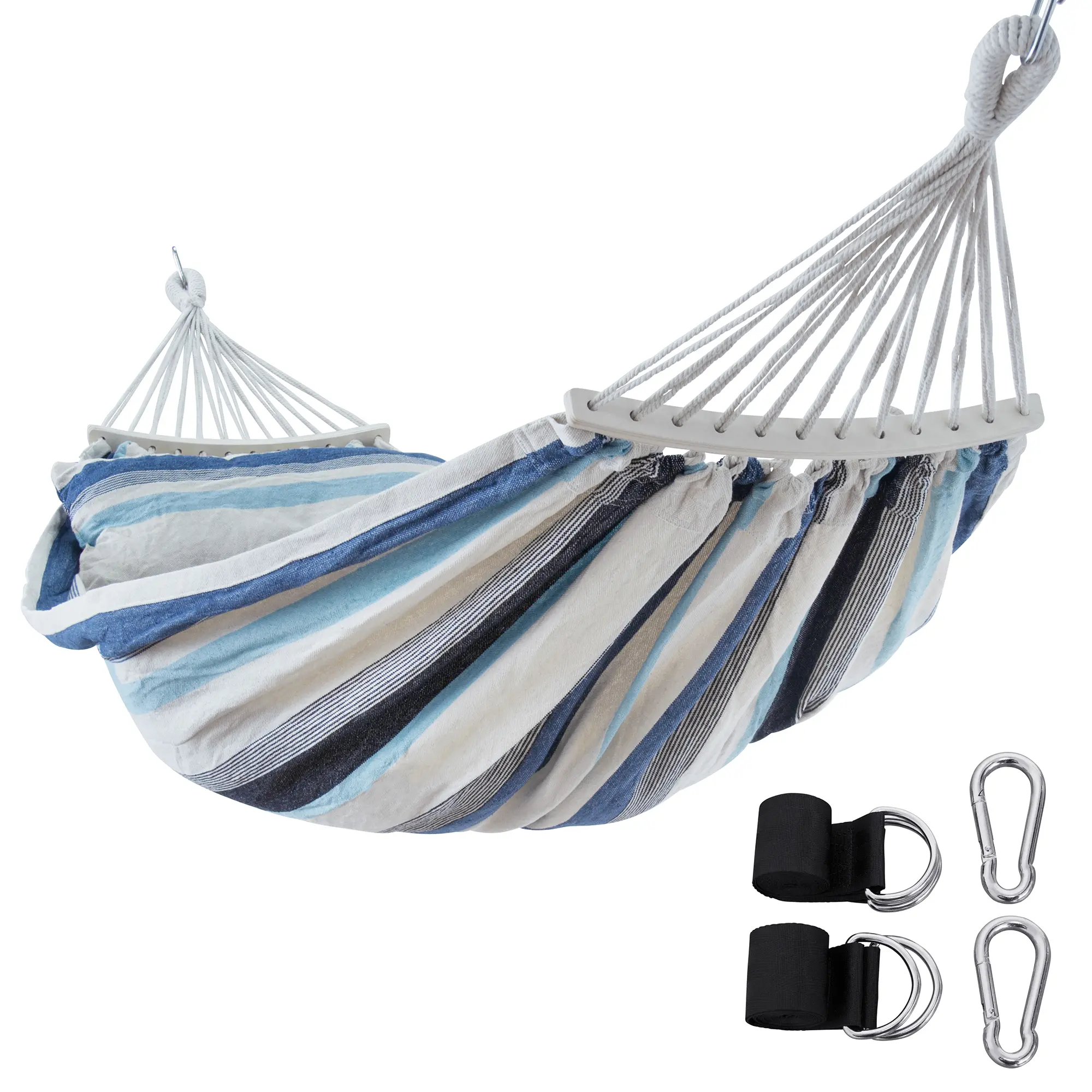 yourGEAR Bali Aqua Hängematte 220x120cm aus Baumwolle, blau-weiß gestreift, mit Spreizstab, Kissen und Befestigungs-Set, inklusive Karabiner und Gurte, belastbar bis 240 kg.