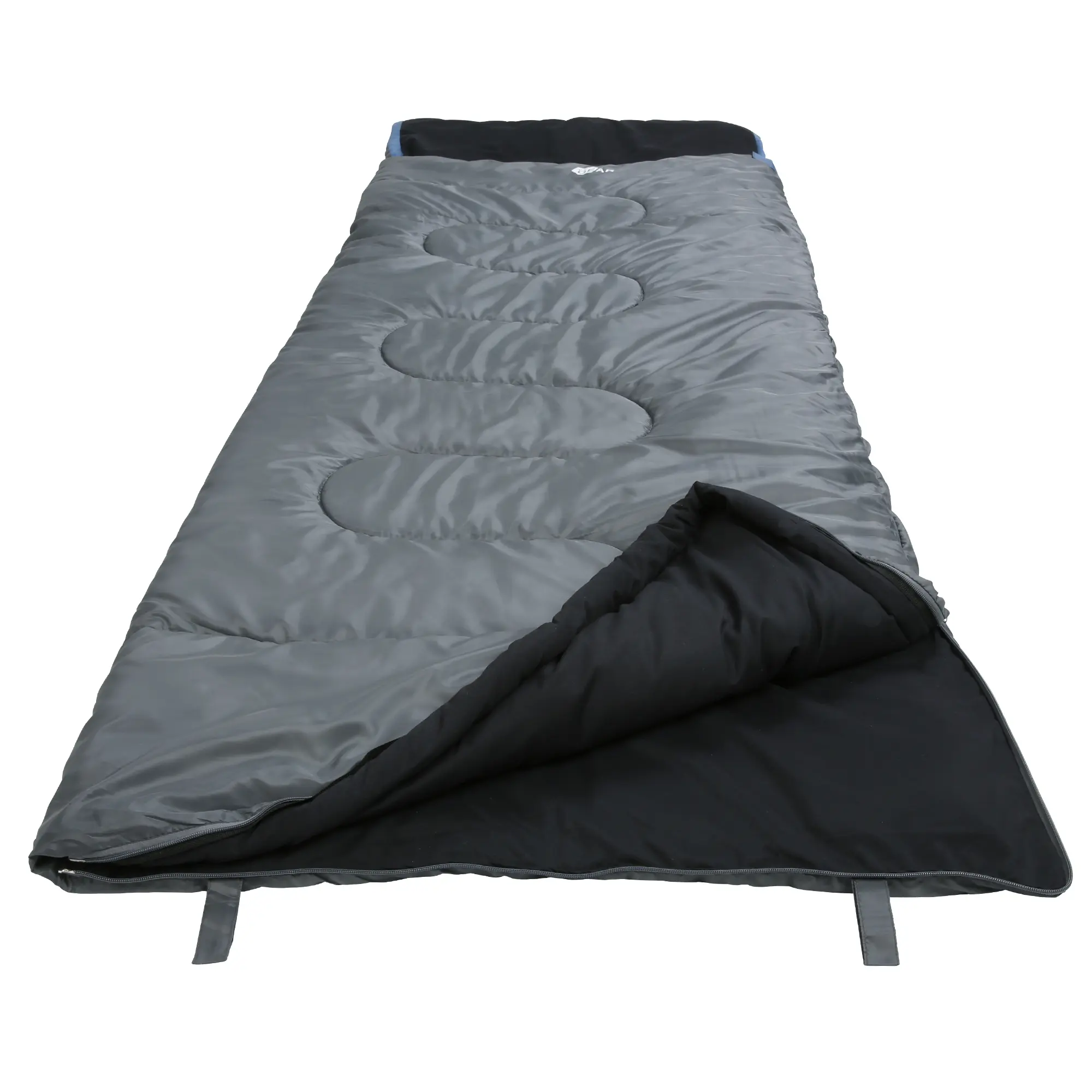 Sac de couchage your GEAR Marin bleu et gris, rectangulaire, 220x80 cm, matelassé, avec capuche large, intérieur noir, adapté 3-4 saisons, conçu pour le camping et les grandes tailles.