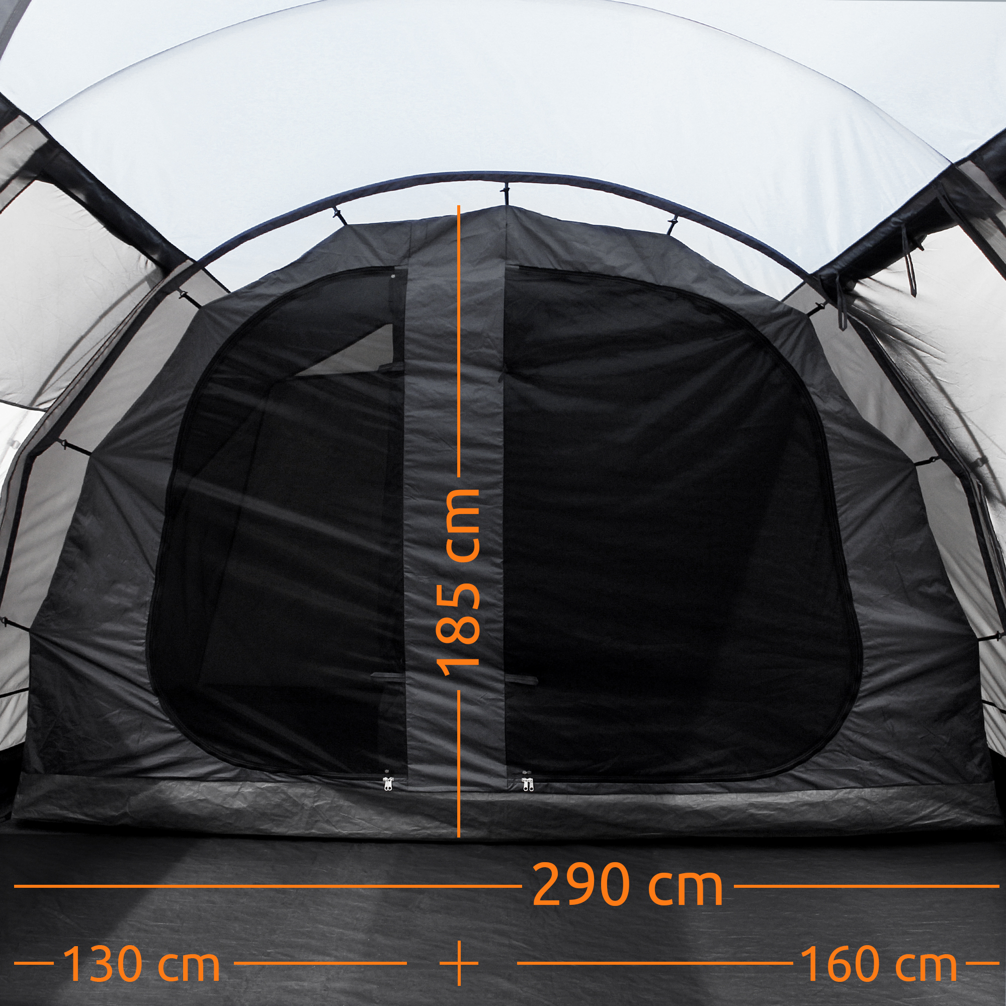 Intérieur d’un grand tunnelzelt familial your GEAR gris pour 5 personnes, tunnel avec auvent, cloisons noires et moustiquaires, hauteur debout 185 cm et largeur couchage 290 cm imprimées en orange sur le sol.