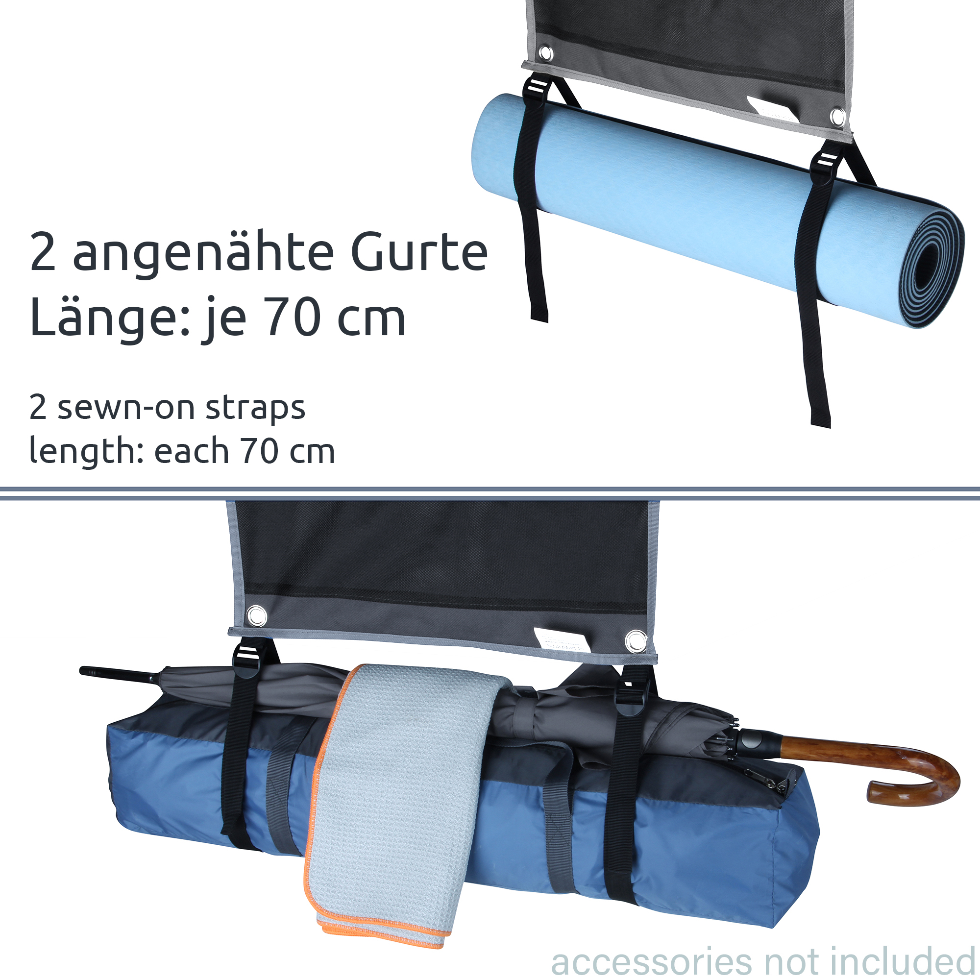 Organisateur your GEAR Caravan Pocket avec deux sangles cousues de 70 cm, fixé à une étagère suspendue noire, idéal pour tapis de yoga ou sac, accessoires non inclus, pour camping-car ou tente.