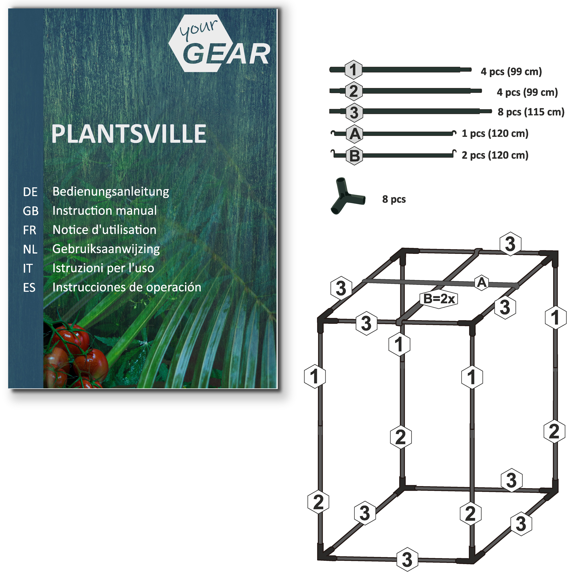 Growzelt yourGEAR Plantsville 120x120x200 cm, Montageanleitung mit Stückliste und Aufbau-Skizze, mehrsprachige Bedienungsanleitung, Gestänge und Verbindungselemente für Indoor-Gewächshaus sichtbar.