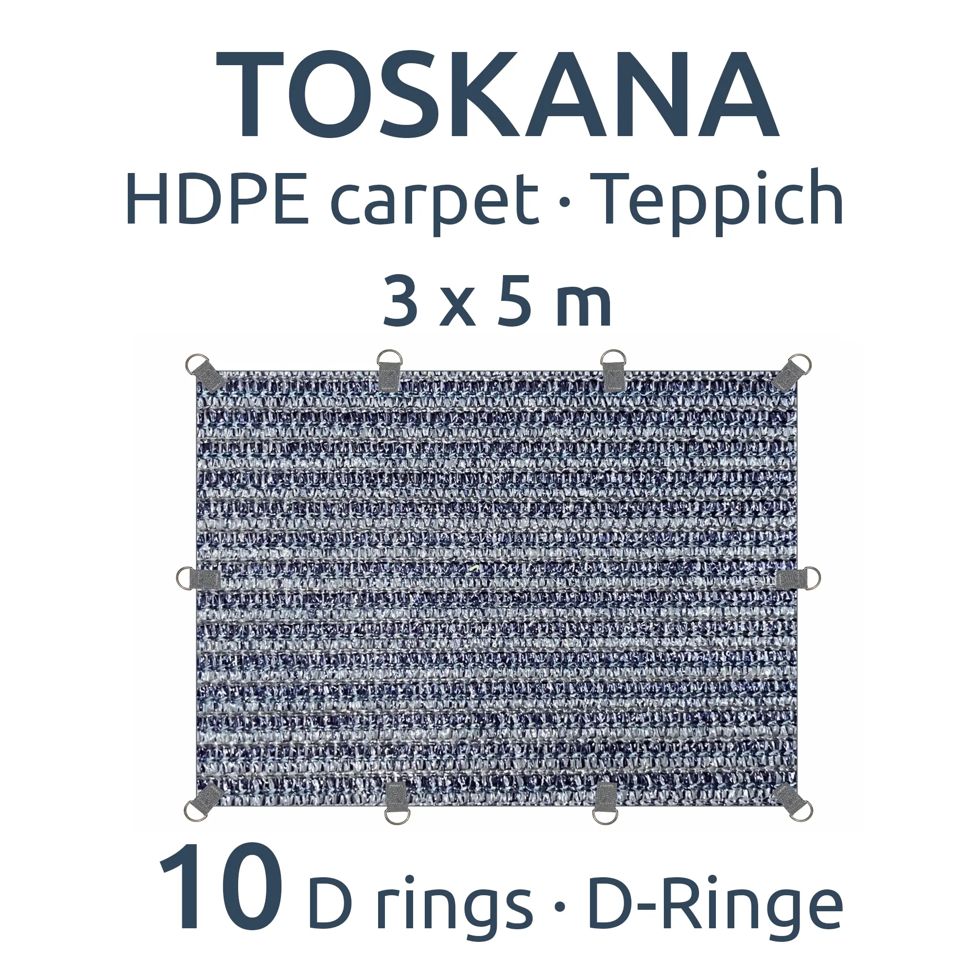 Alfombra de avance your GEAR Toskana 300x500 cm en HDPE gris azul, con 10 anillas en D para fijación, resistente, transpirable y fácil de limpiar, ideal para camping y exteriores.