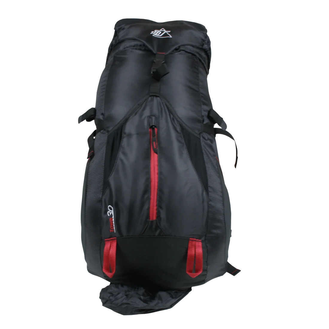 10T Towa 30L hiking backpack in black with red accents, front zipper pocket, adjustable straps, and integrated rain cover. Features ventilation system and hydration system compatibility. Ideal for trekking and day hikes.