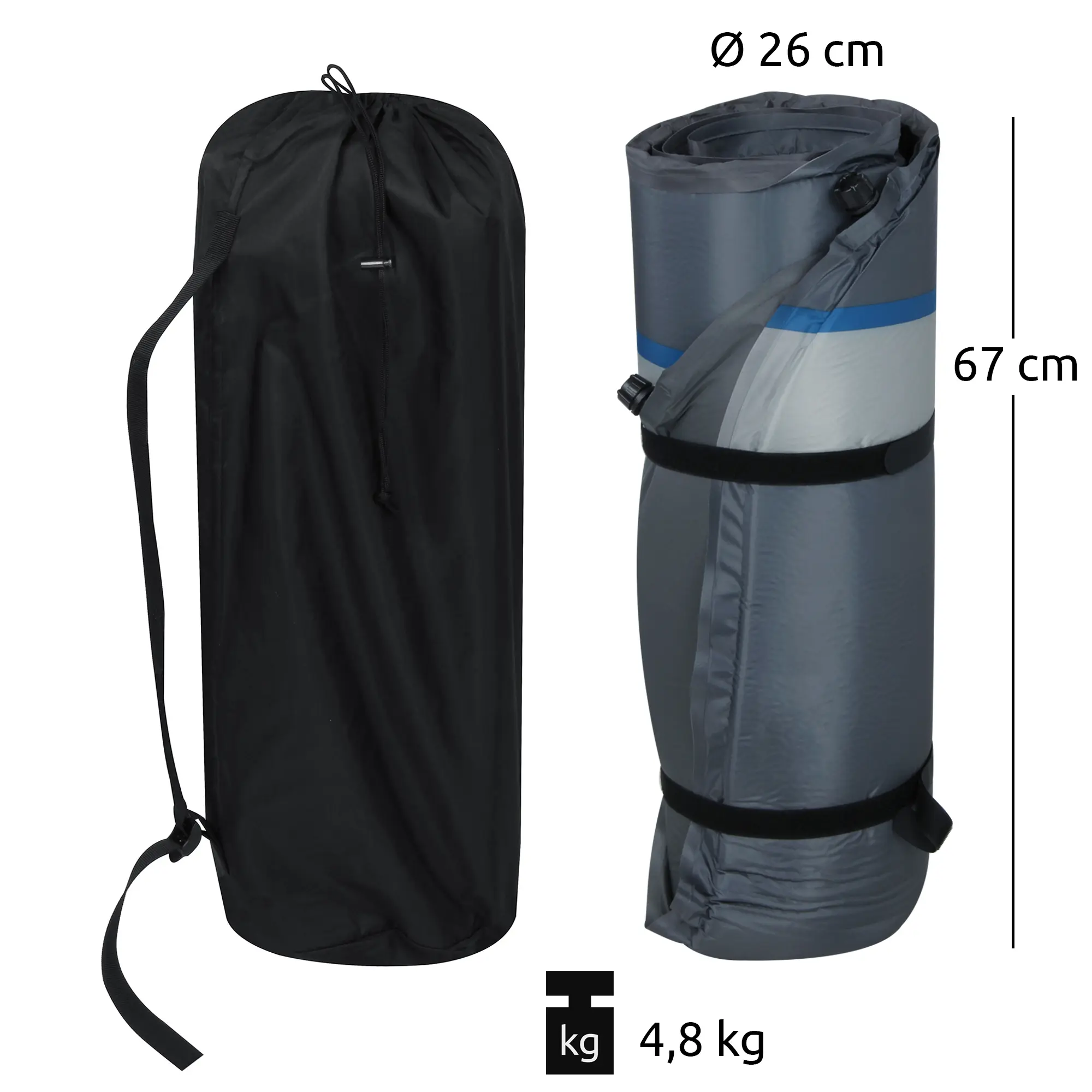 Isomatte your GEAR ISO Duo Max, zusammengerollt und im schwarzen Transportsack, Maße 67 cm Länge, 26 cm Durchmesser, Gewicht 4,8 kg, ideal als selbstaufblasende Doppel-Campingmatte für 2 Personen.