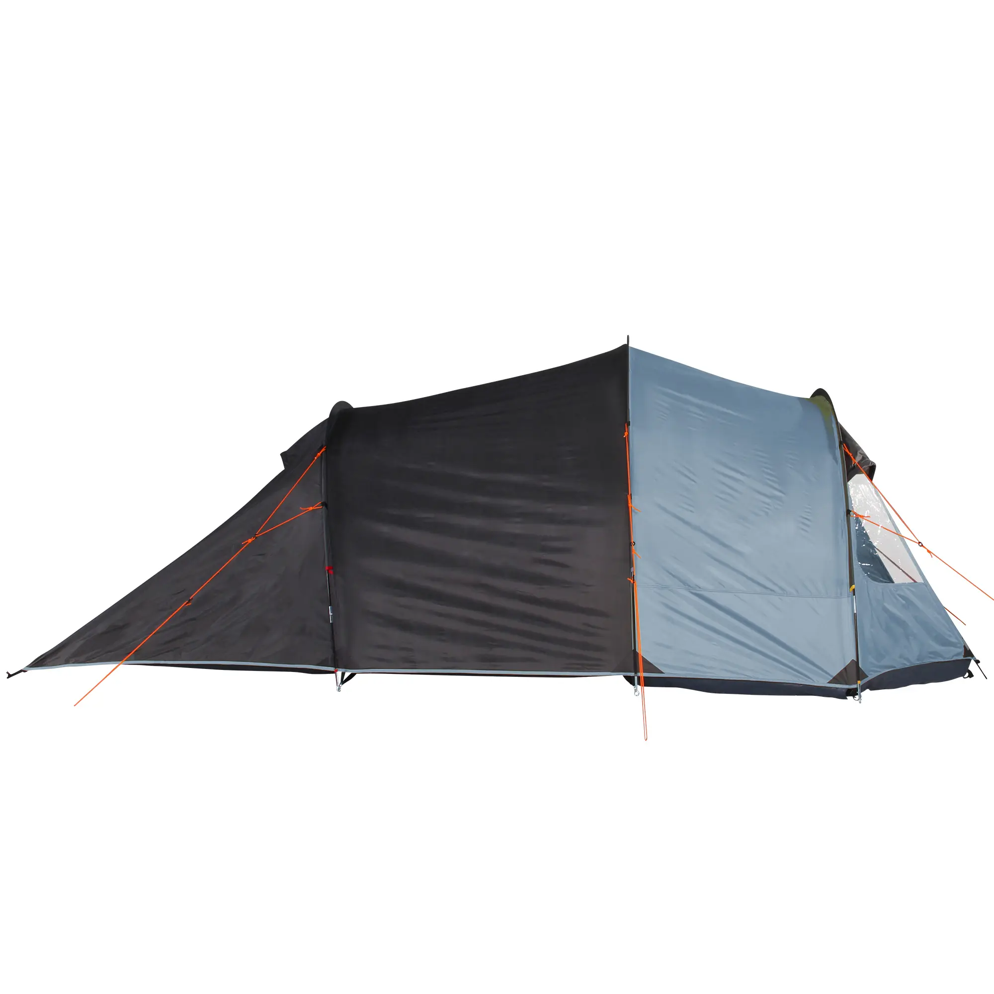Blau-graues 10T Mandiga Arona Tunnelzelt für 5 Personen, mit zwei Eingängen, großen Fenstern, Stehhöhe, Vorraum, orangefarbener Abspannung und wetterfestem Polyester-Material, ideal für Familien-Camping.