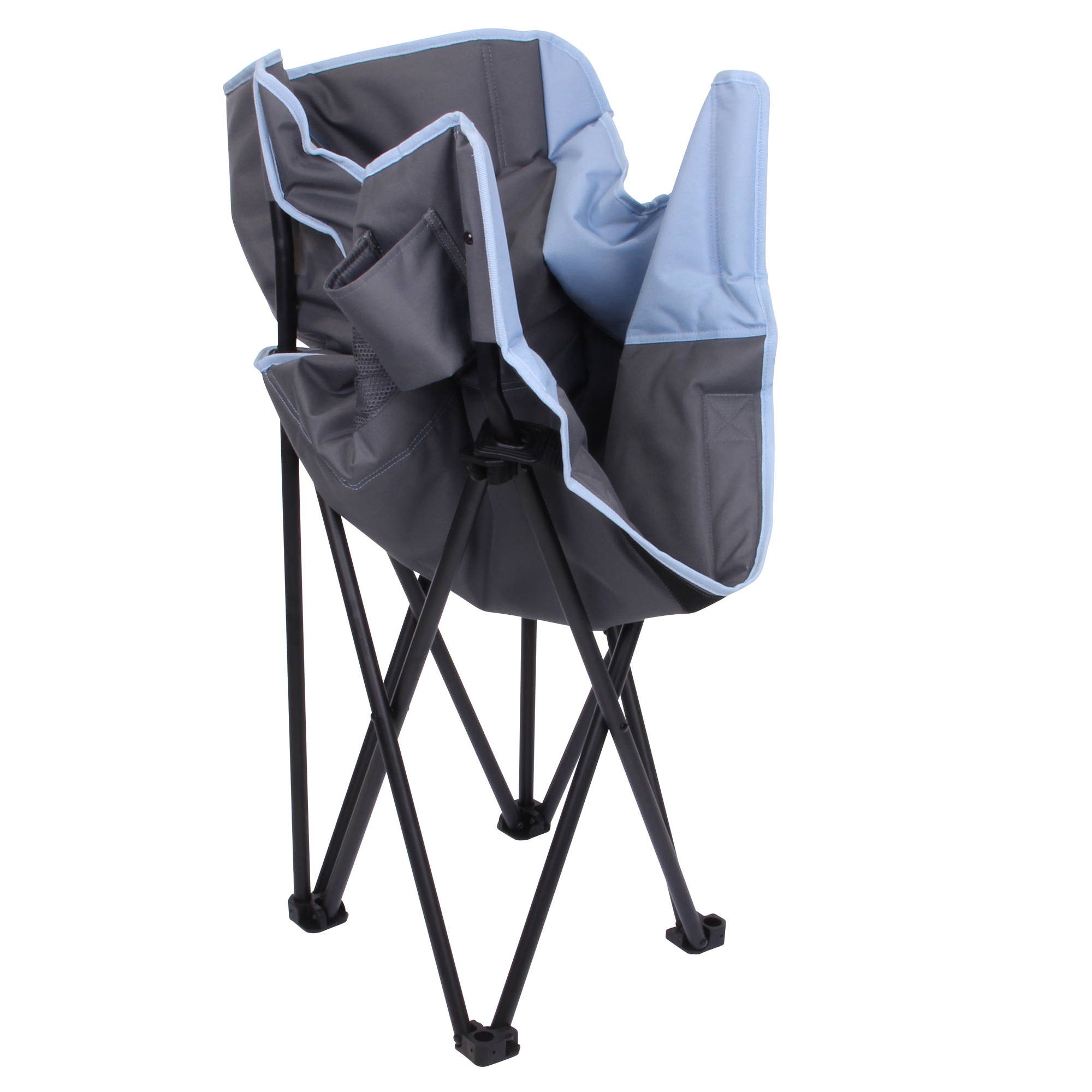 Silla de camping XXL plegable 10T Jace Arona hasta 130 kg, color azul y gris, con portavasos y bolsillo lateral, estructura robusta de metal y asiento acolchado, fácil de transportar.
