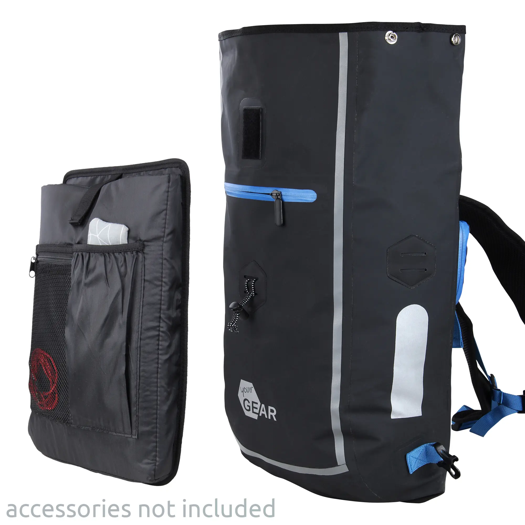 yourGEAR Comano 23L 3-in-1 waterproof bike pannier, backpack, and laptop office bag in black with blue accents, reflective strips, front zipper pocket, and removable laptop sleeve. Accessories not included.