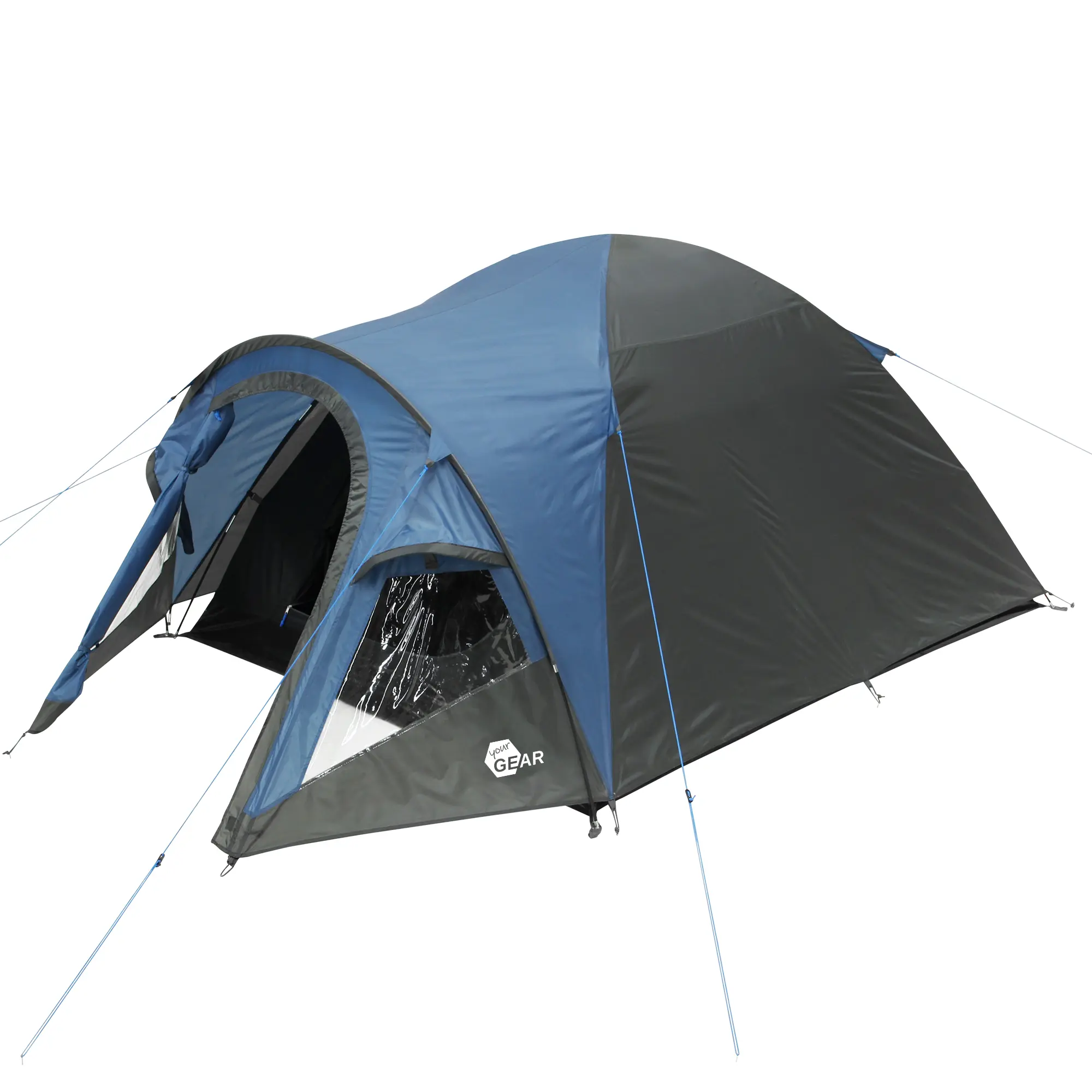 yourGEAR Matera 3 person dome tent in blue and grey with porch, clear windows, ventilation, and waterproof 3000 mm. Spacious design for three people, ideal for camping and festivals.