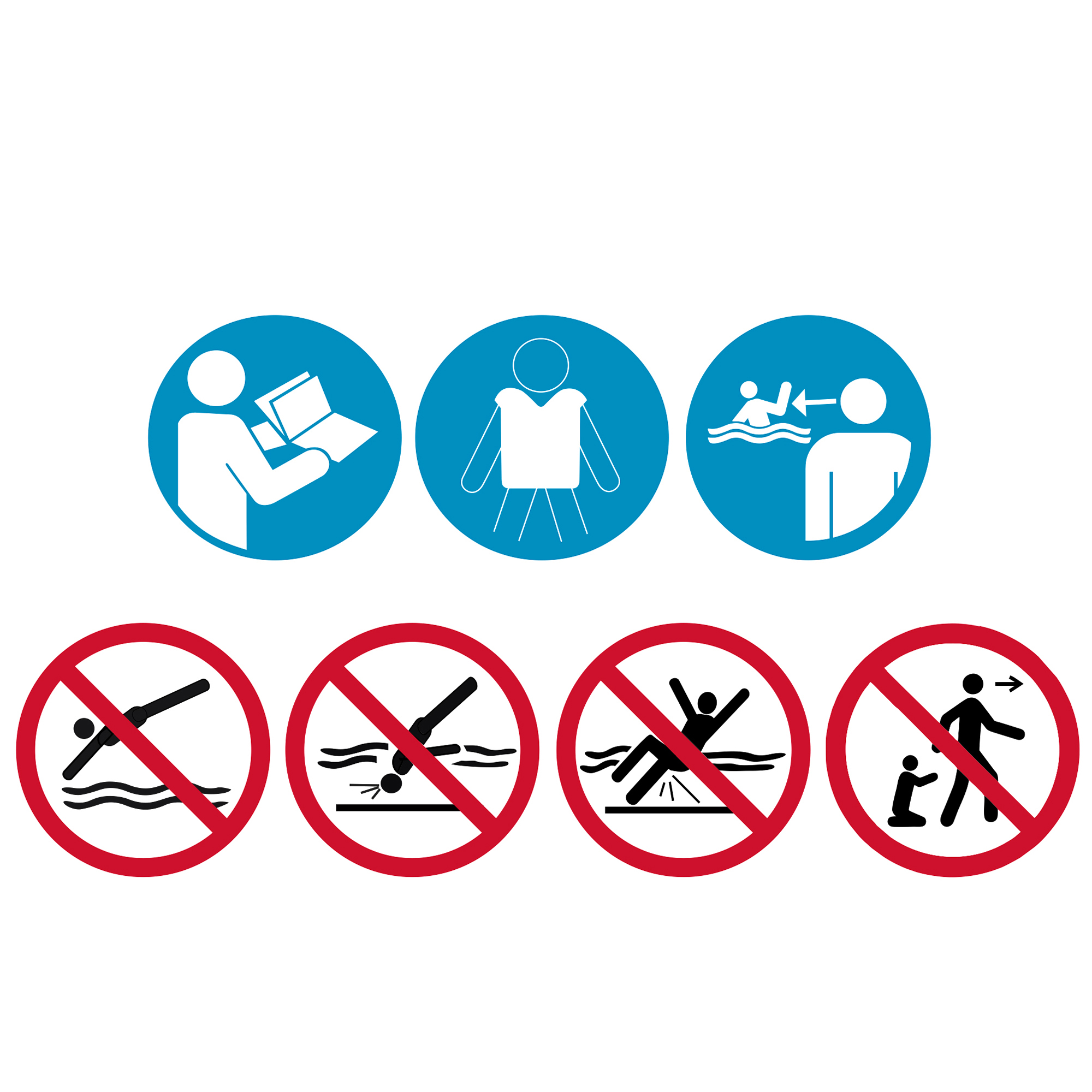 Sicherheitssymbole für den yourGEAR Familien Pool: Hinweise zu Aufsicht, Schwimmwesten, Verbot von Kopfsprüngen, Tauchen, Springen und unbeaufsichtigtem Spielen. Ideal für sicheres Baden im Gartenpool.