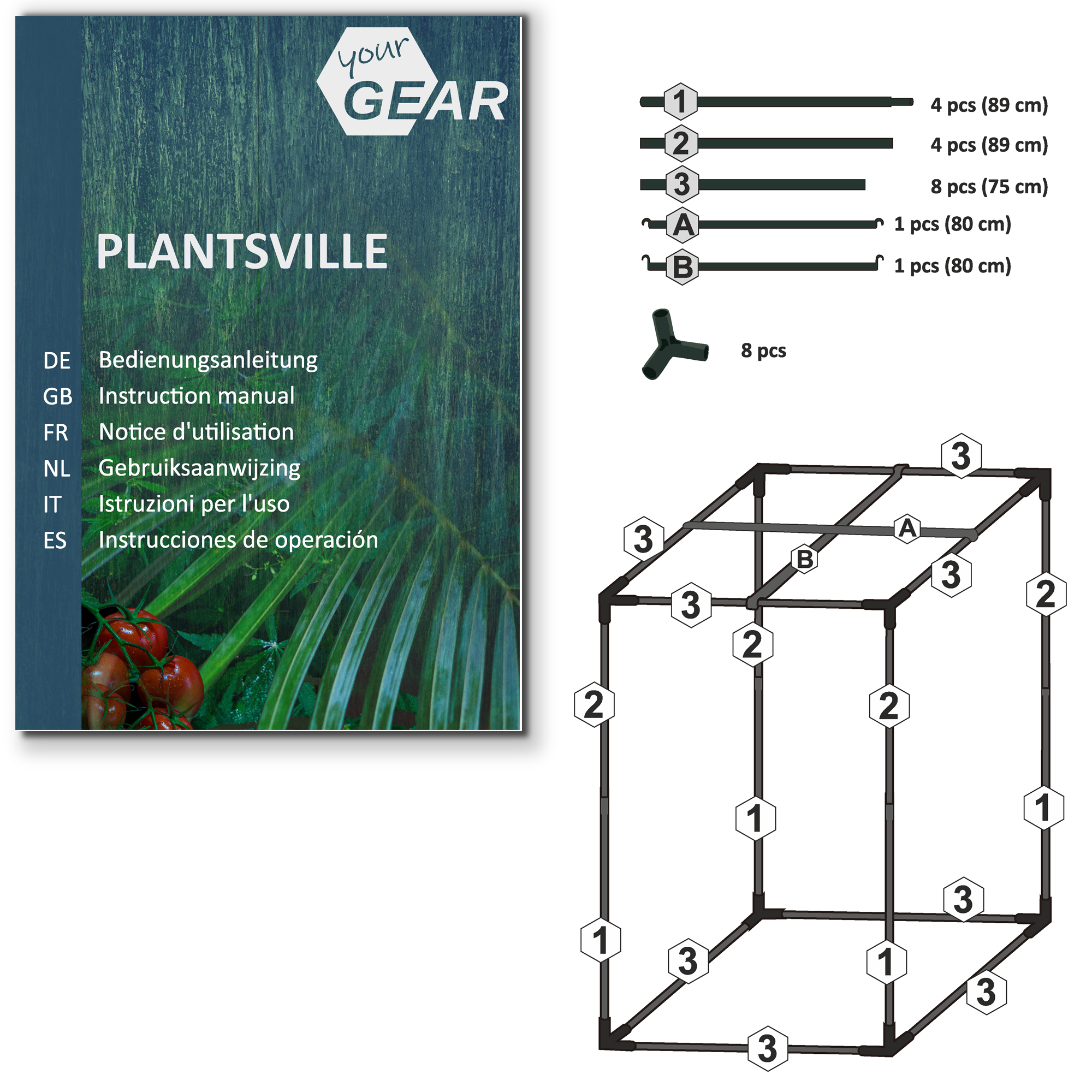Instrucciones de montaje para el invernadero interior yourGEAR Growzelt Plantsville 80x80x180 cm, mostrando piezas numeradas, conectores y manual multilingüe con imagen de plantas al fondo.