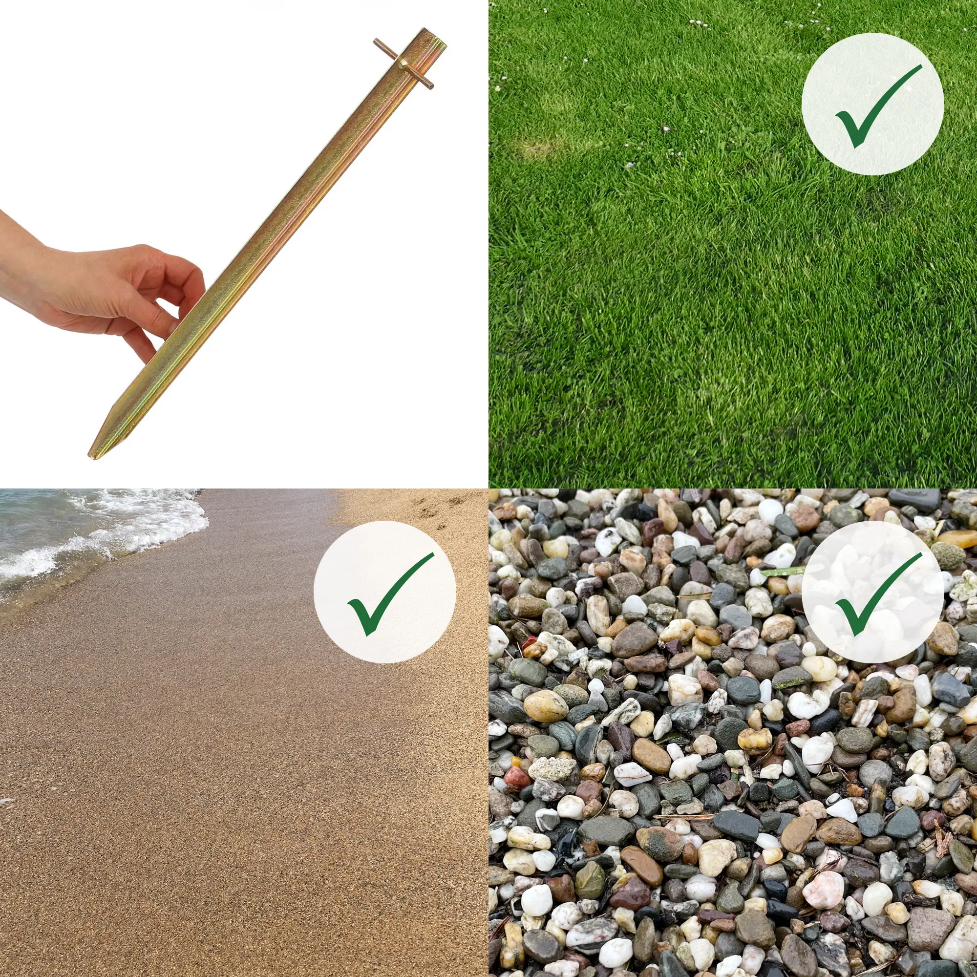 Set de 8 piquetas de acero your GEAR TX 400 con perfil en T, longitud 400 mm, aptas para césped, arena y grava. Imagen muestra uso en diferentes superficies, ideal para fijar tiendas de campaña.