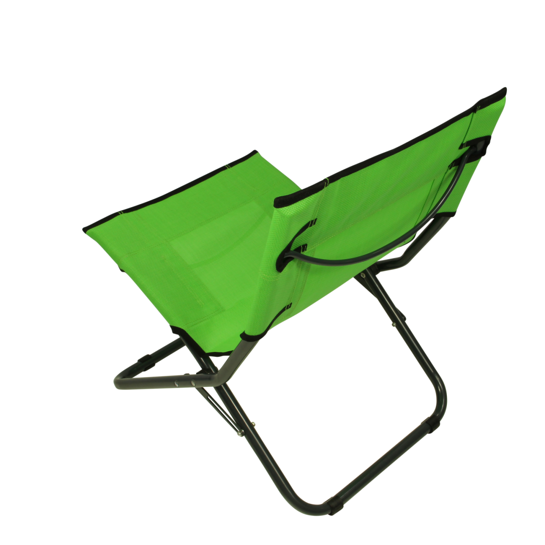 Green Fridani BCG XL folding beach and camping chair with breathable mesh fabric, sturdy black metal frame, and carrying handle. Lightweight and compact, ideal for outdoor use such as beach, garden, or festivals.