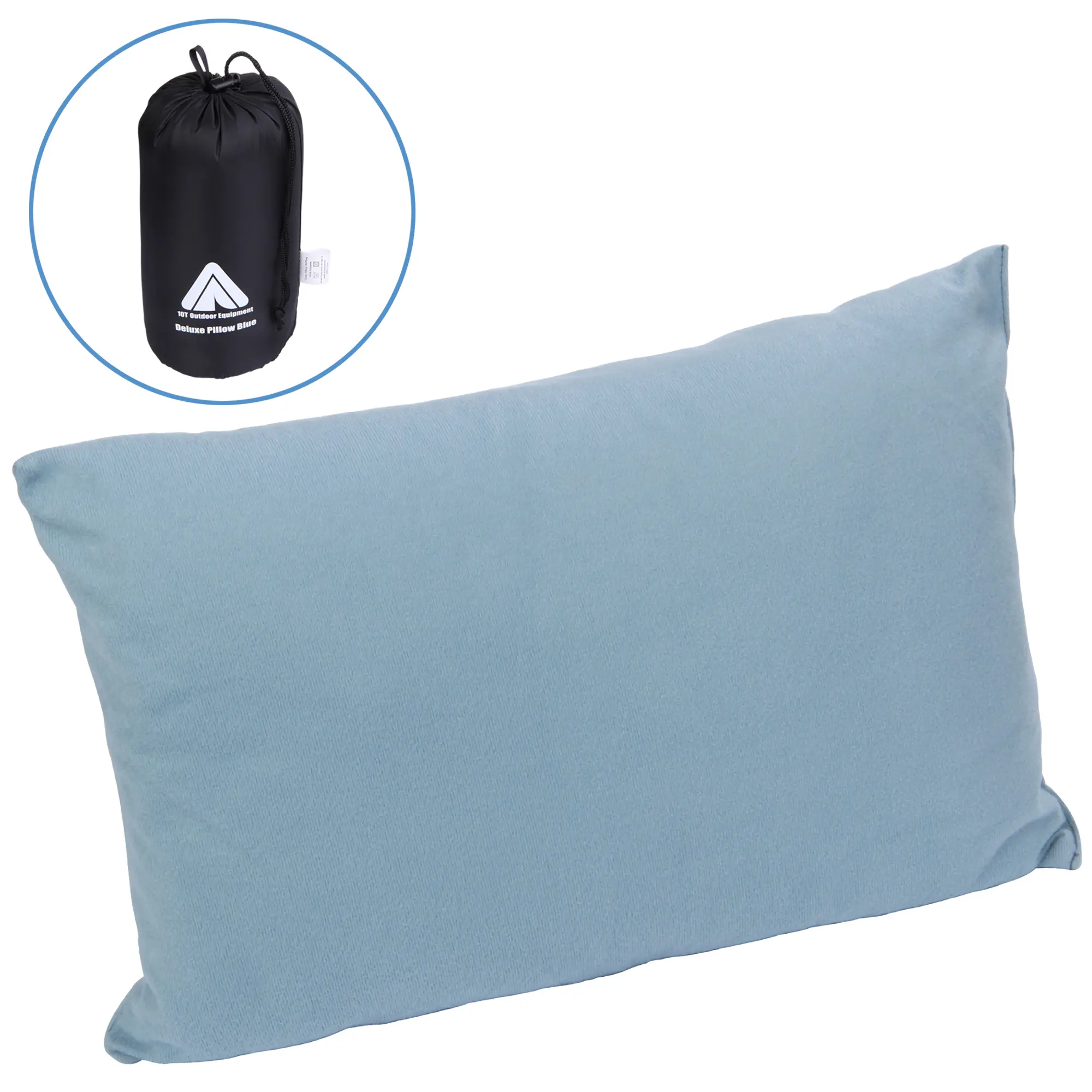 Blaues 10T Deluxe Pillow Reisekissen 40x30x10 cm aus softem Mikrofleece, rechteckig, leicht, mit Packsack; ideal als Camping-, Reise- und Nackenkissen für unterwegs.