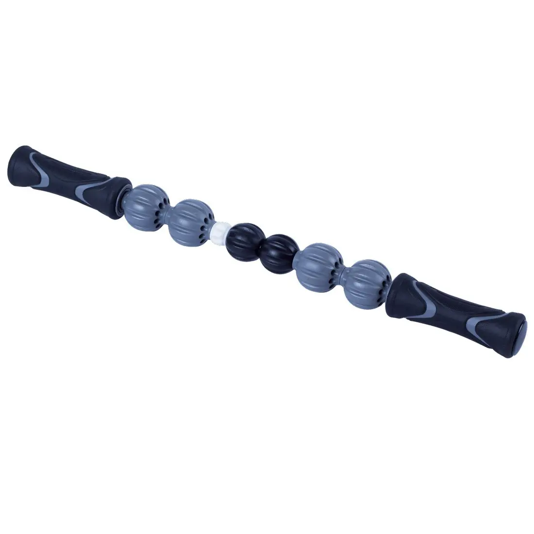 Rouleau de massage musculaire Spirit, bâton avec poignées ergonomiques noires et plusieurs rouleaux texturés gris, noirs et blanc, conçu pour l’auto-massage et la récupération musculaire après le sport.
