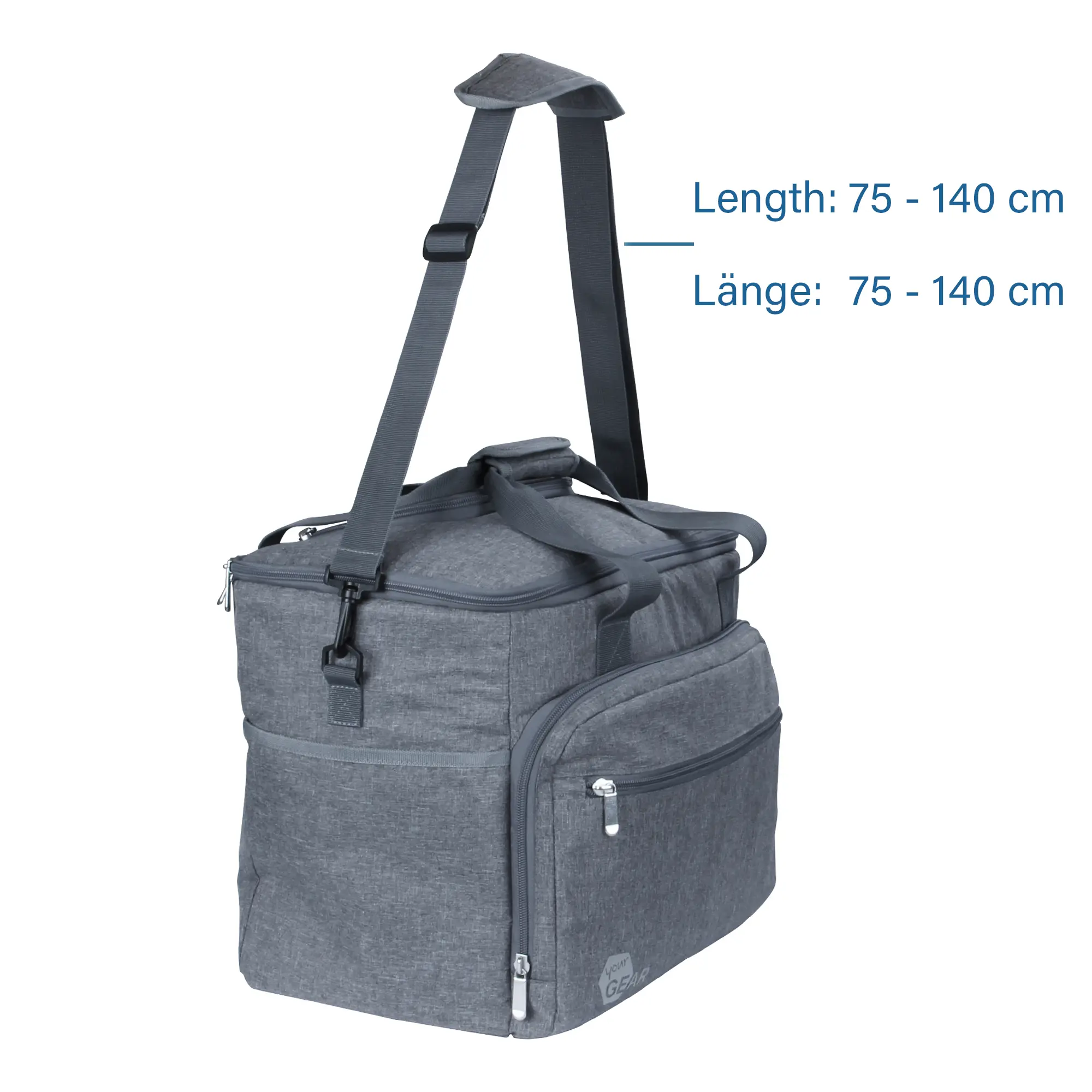 your GEAR foldable cooler bag Cavoli, 30 liters, grey, with adjustable shoulder strap (75-140 cm), front zipper pocket, insulated, waterproof, ideal for picnics, shopping, and food transport.
