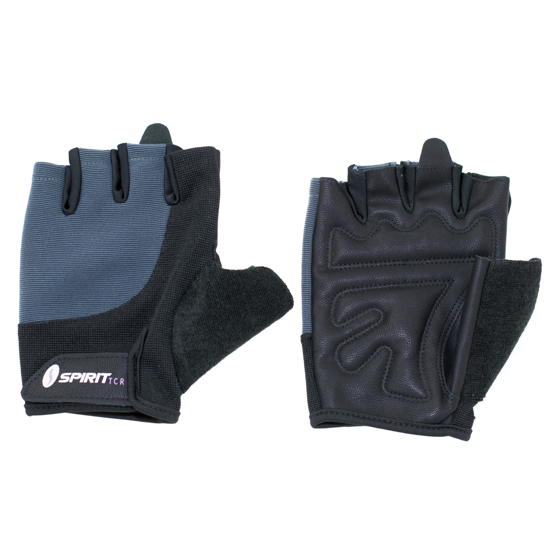 Spirit Workout Glove S fitness gloves in black and grey, fingerless design, padded palms for grip and comfort, suitable for weightlifting and gym training. Brand logo "Spirit TCR" visible on the wrist area.