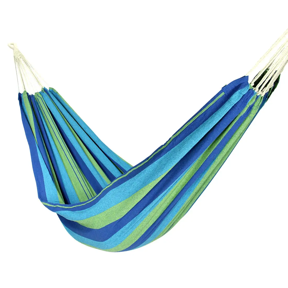Hamac 10T AzurinXL pour 1 personne, tissu 100% coton, 220x110 cm, à rayures bleues et vertes, livré avec kit de fixation, idéal pour jardin, balcon ou camping.