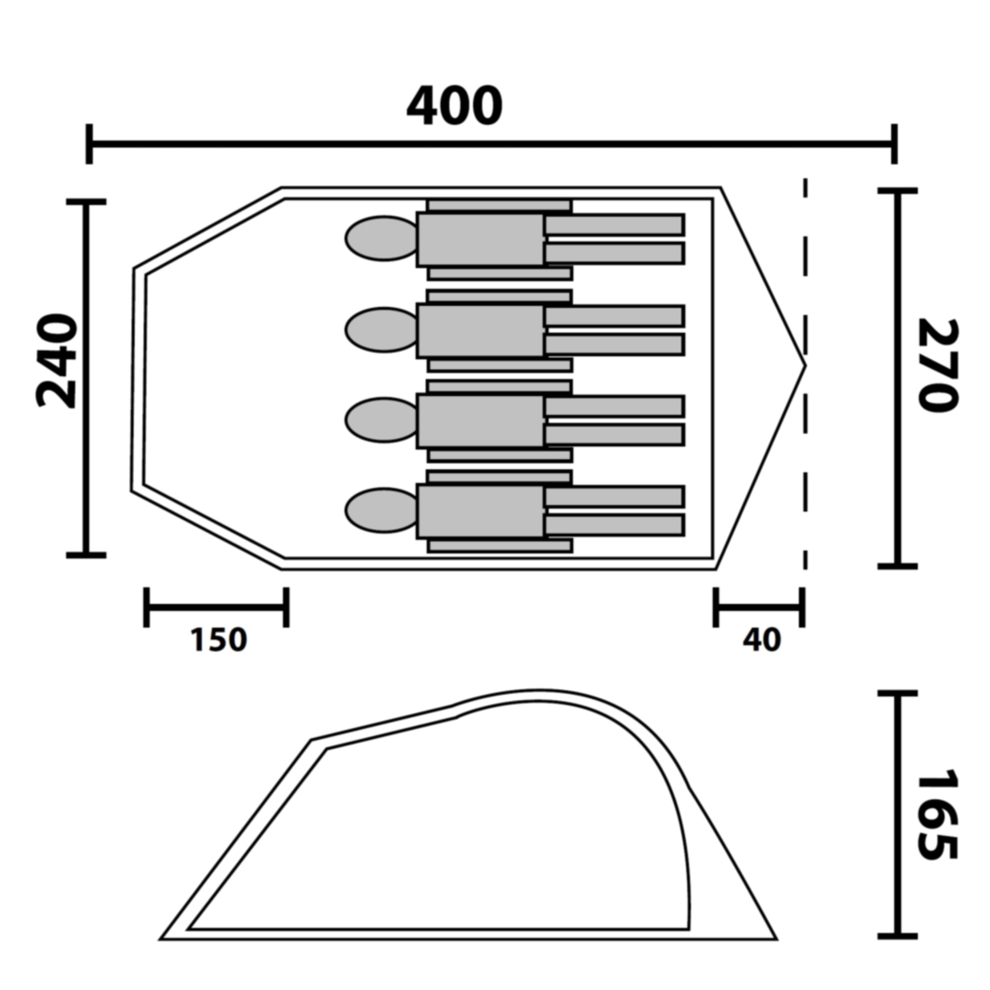Maßzeichnung des 10T Glenhill Beechnut 4-Personen Kuppelzelts, zeigt Grundfläche 400x270 cm, Schlafbereich für 4 Personen, Zeltlänge 400 cm, Breite 270 cm, Höhe 165 cm, Seiten- und Draufsicht.
