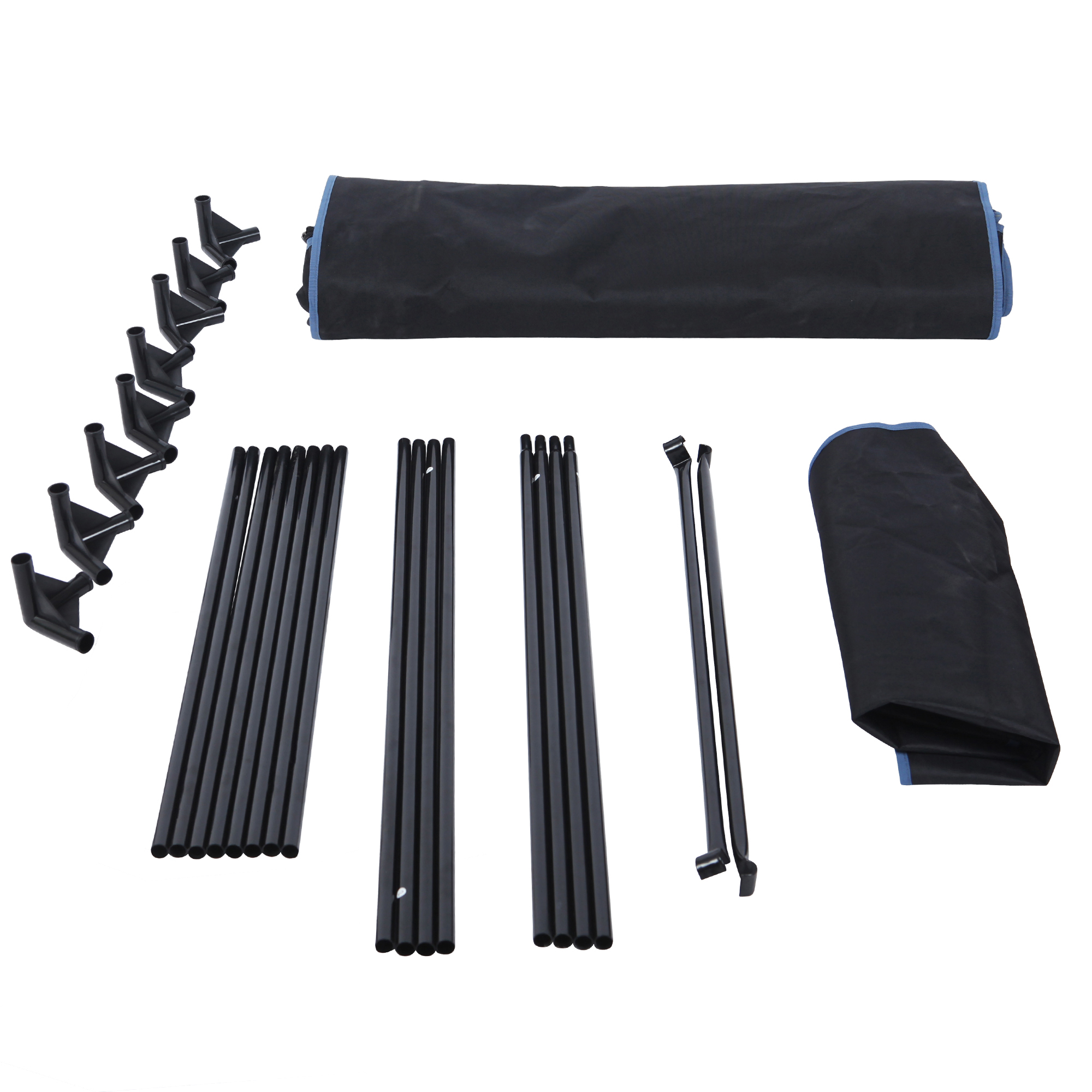 Piezas del yourGEAR Growzelt Plantsville: tubos metálicos, conectores de plástico y fundas de tela negra para montar una carpa de cultivo interior de 80x80x180 cm, ideal para invernadero y cultivo hidropónico.