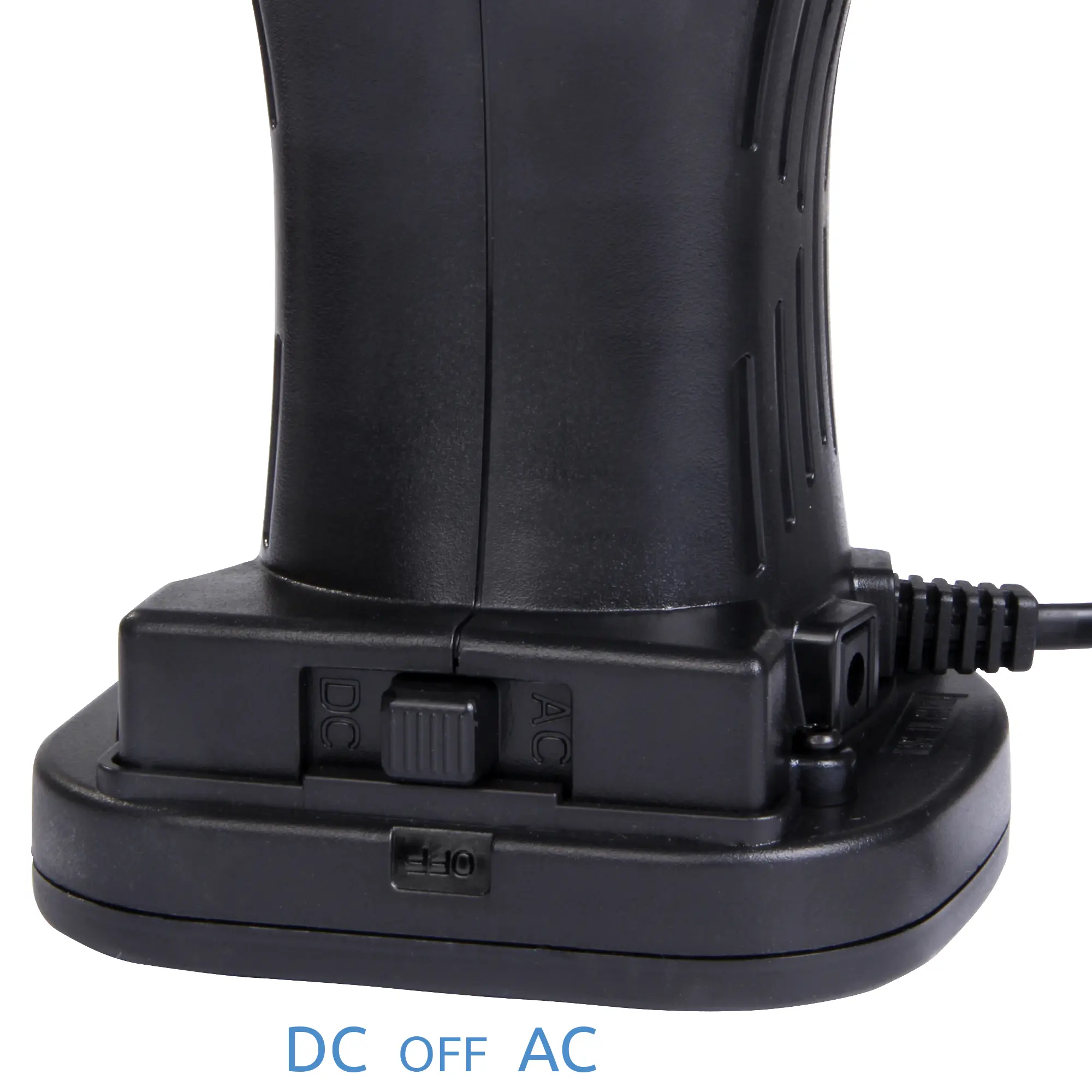 Base della pompa elettrica Blueborn P130 nera con selettore DC/AC e interruttore OFF, visibile cavo di alimentazione laterale. Adatta per gonfiaggio e aspirazione, compatibile 12V e 230V.