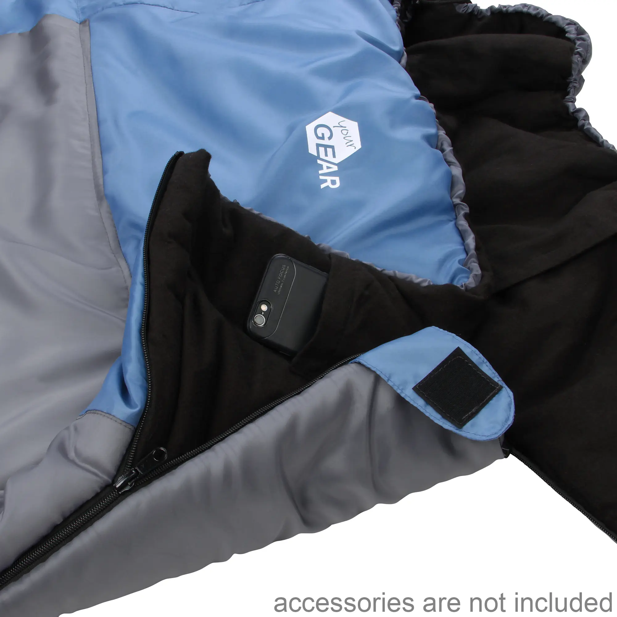 yourGEAR XXL Schlafsack Sumatra in Blau-Grau, 230x100 cm, mit weichem Flanell-Innenfutter, Innentasche mit Reißverschluss und abnehmbarem Kopfteil, geeignet für 3-4 Jahreszeiten.