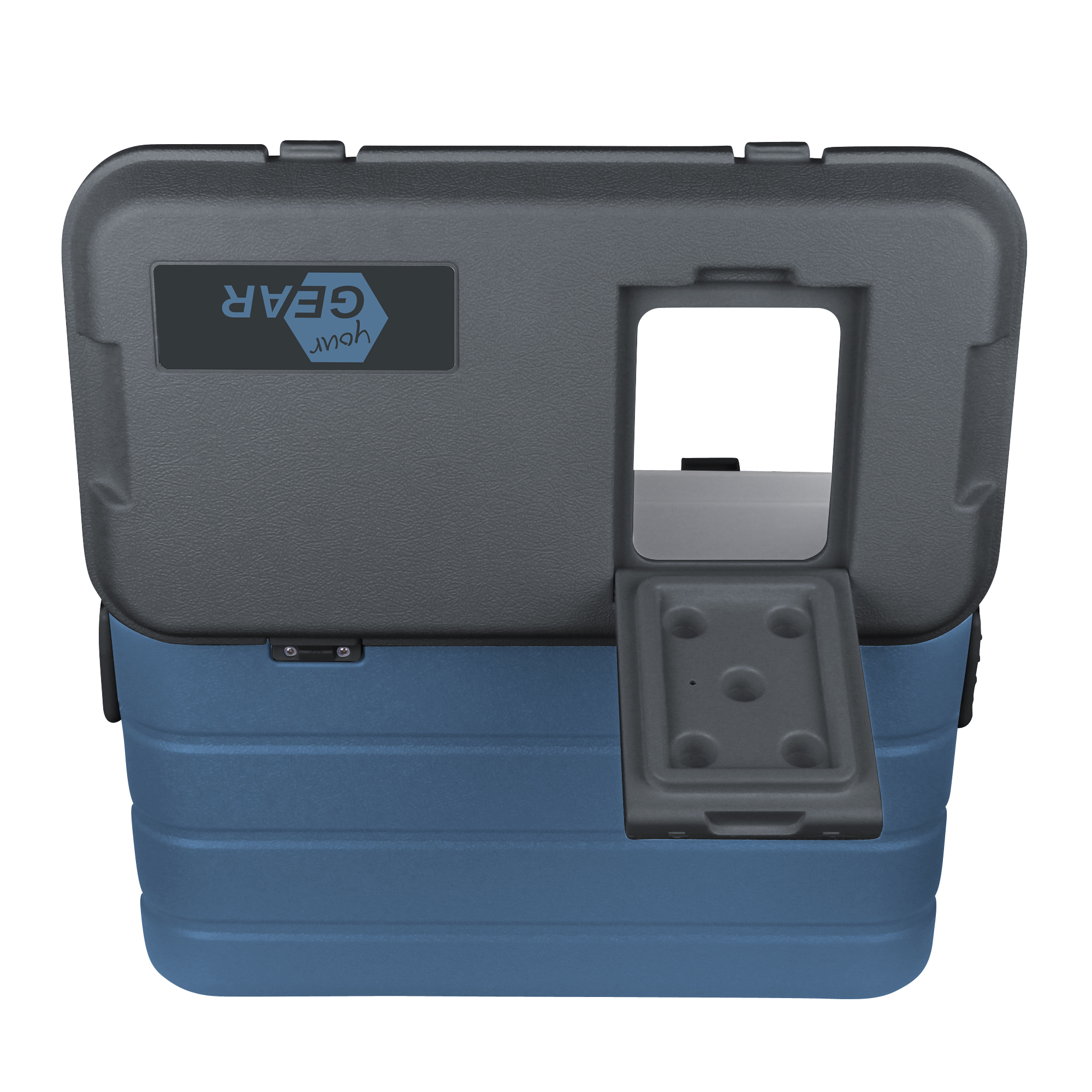 Glacière isotherme yourGEAR Coolah 40L en bleu et gris, avec isolation en mousse PU, couvercle ouvert montrant un compartiment et un porte-gobelet intégré, adaptée pour garder aliments froids ou chauds.