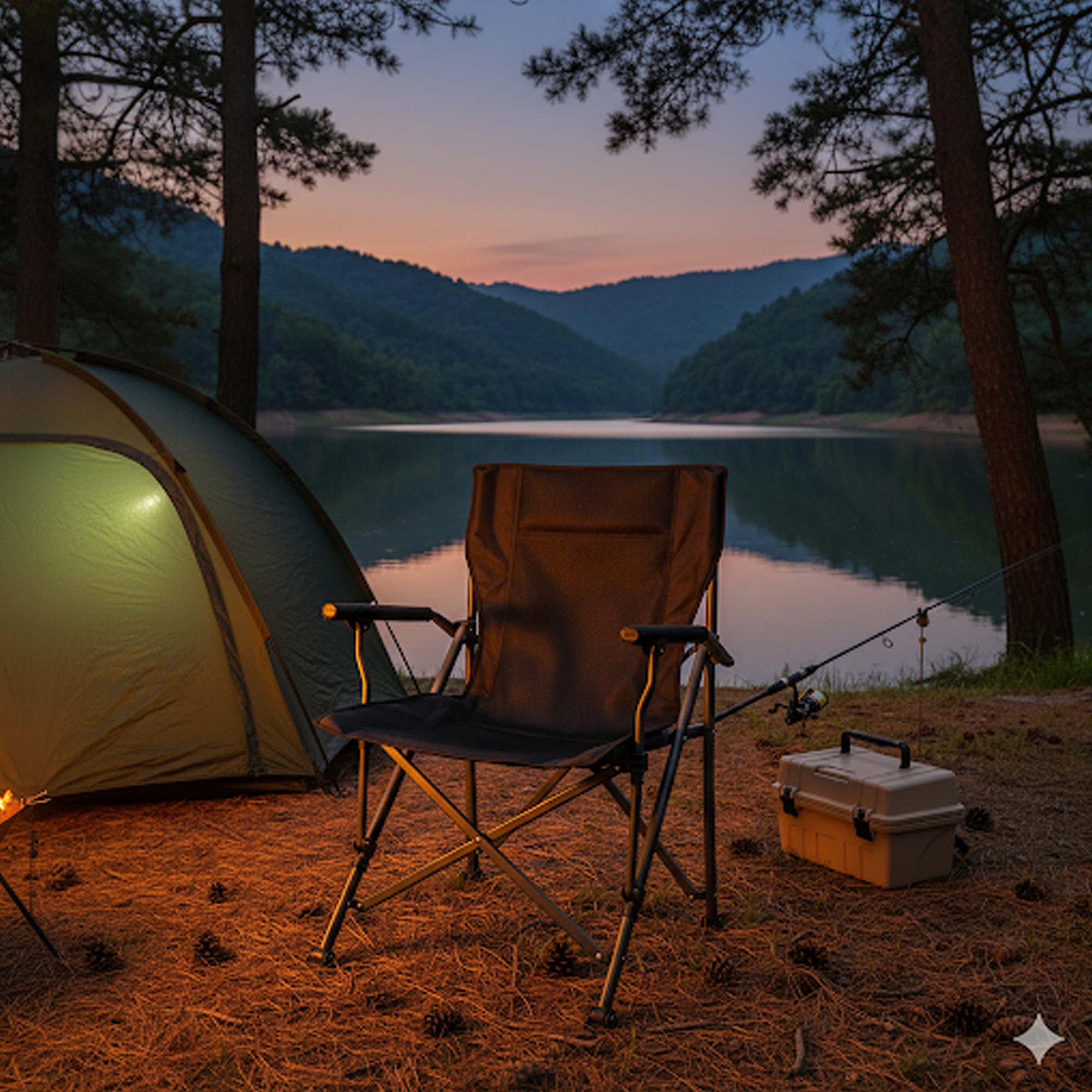 Chaise de camping your GEAR Pesaro pliable, rembourrée avec revêtement 3D Mesh, accoudoirs et structure robuste, posée près d’une tente au bord d’un lac, idéale pour l’extérieur, capacité 160kg.
