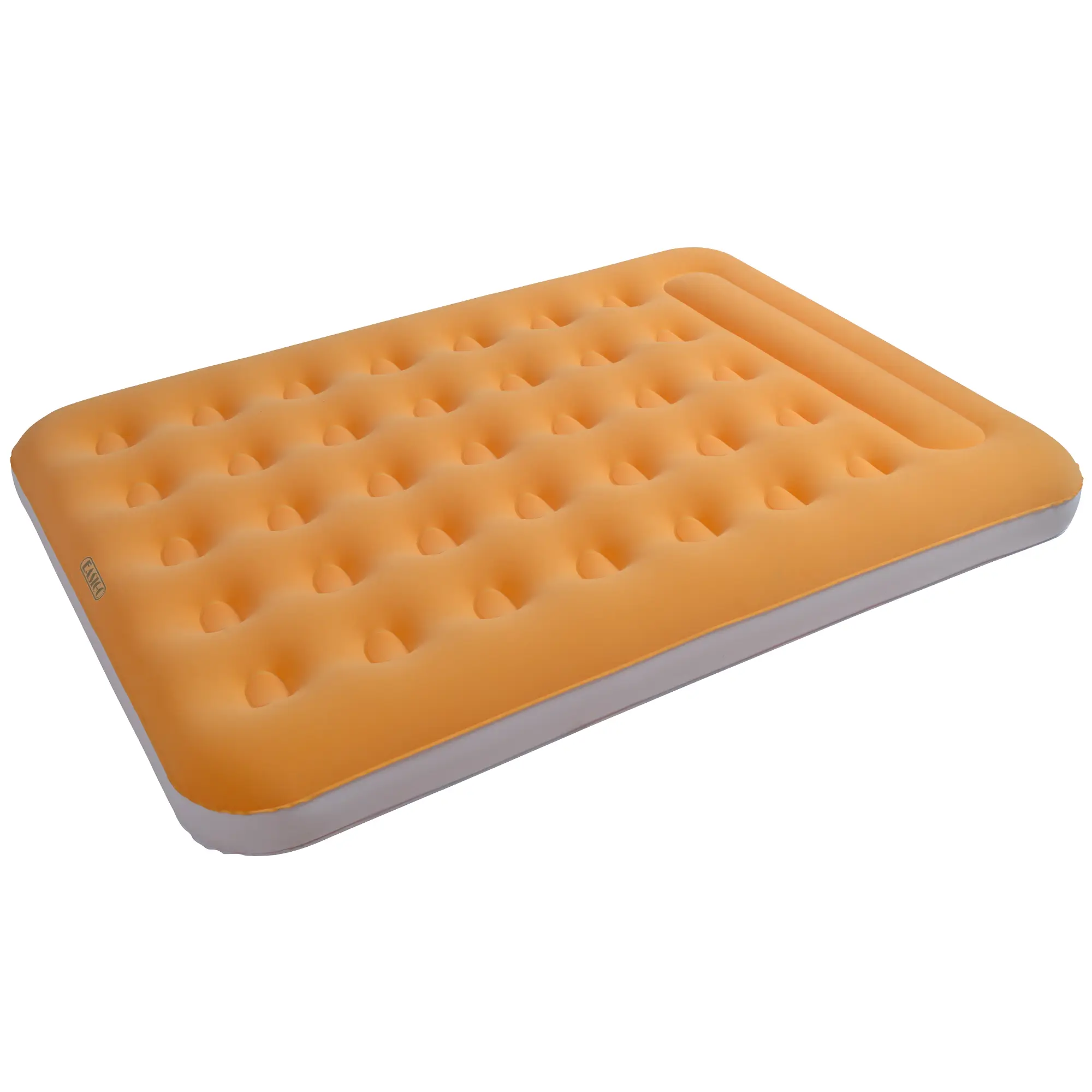 Orangefarbene Jilong 2-Personen-Luftmatratze Easigo 190x135x22 cm mit beflockter Velours-Oberfläche und stabilem Vinylrand, ideal als Campingbett, Gästebett oder Reisebett für drinnen und draußen.