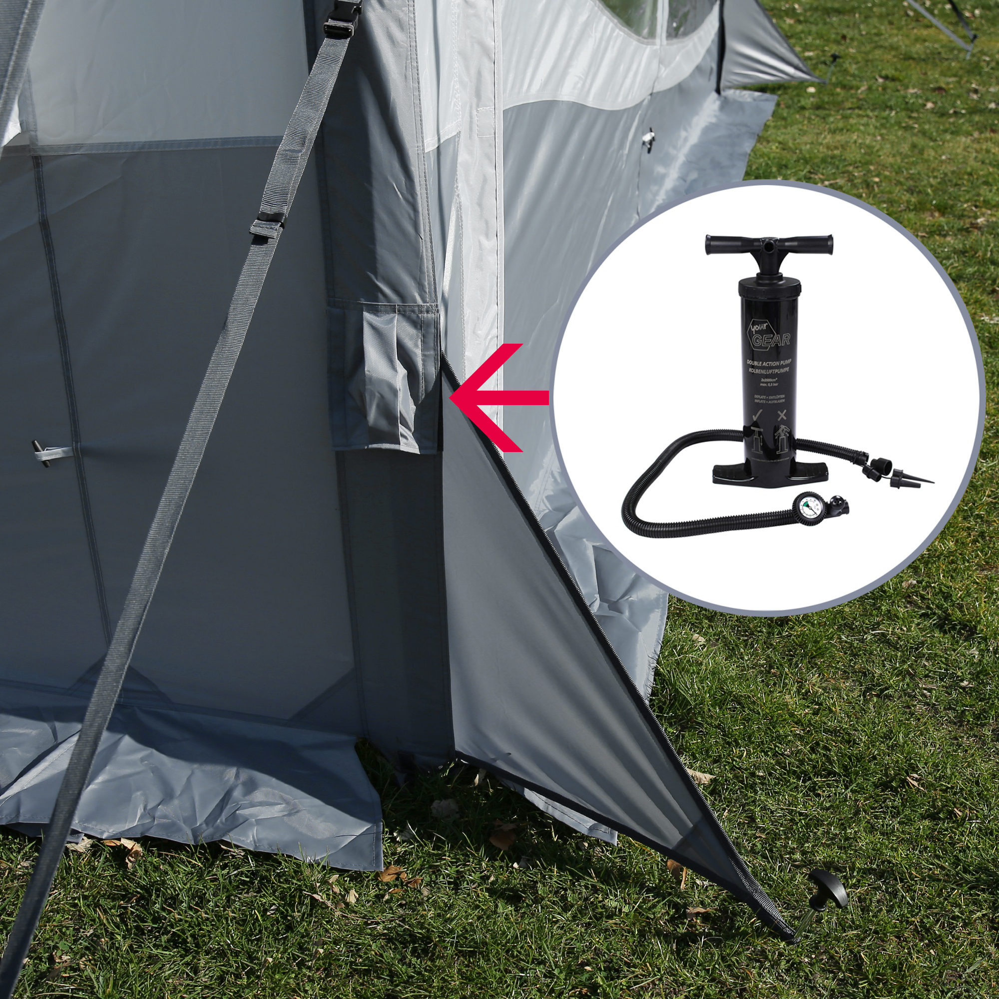 Detalle de una tienda de campaña gris con una flecha que señala un compartimento exterior; en un círculo, una bomba de aire manual con manguera y manómetro.