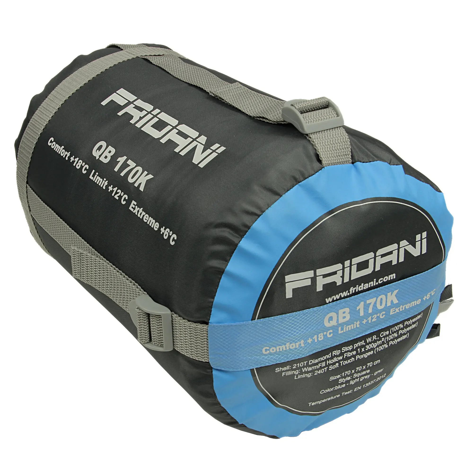 Sacco a pelo Fridani QB 170K nero e blu, con scritte sulle temperature di comfort e limiti, dotato di cinghie grigie per il trasporto.
