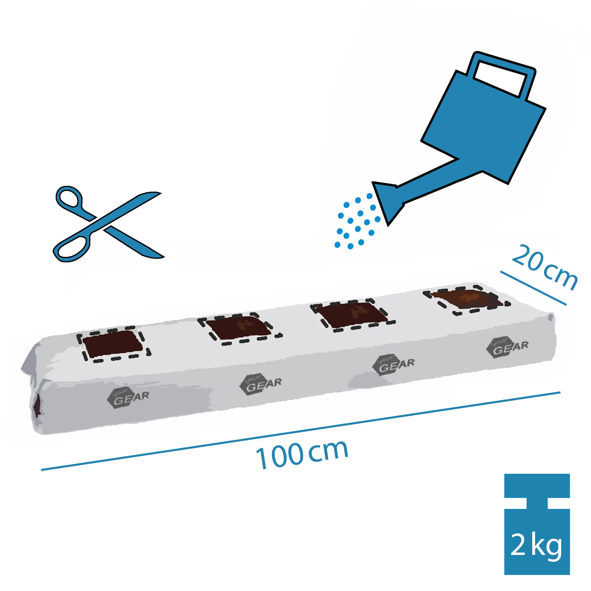 yourGEAR 25L Coco Grow Bag, länglicher Pflanzbeutel 100x20x15 cm, gefüllt mit 2 kg gepresster Kokoserde, Schnitt- und Gießsymbole, gebrandetes Design, ideal für nachhaltige Pflanzenanzucht.
