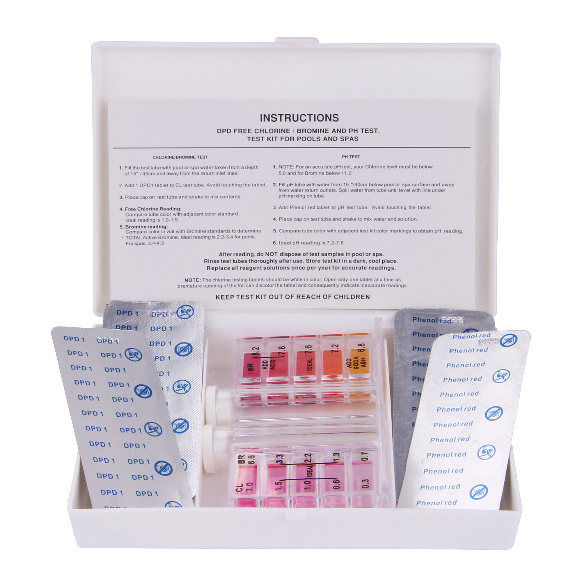 Blueborn pool tester set for chlorine, bromine, and pH; includes test kit box with instructions, color comparison tubes, 10 DPD1 tablets, and 10 Phenol Red tablets, all organized in a white plastic case.