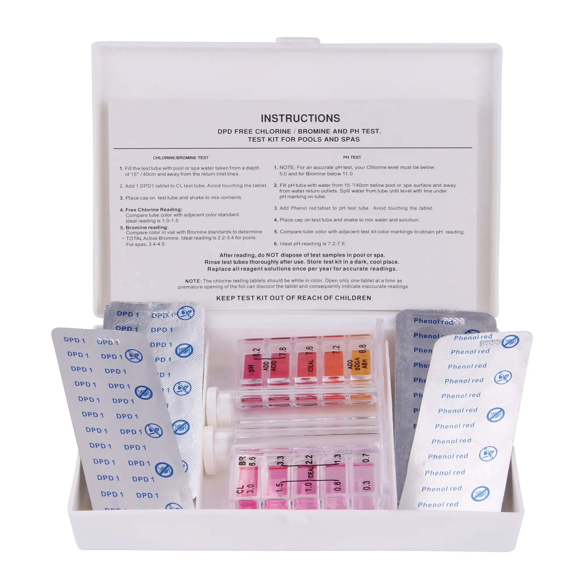 Kit de test Blueborn pour piscine, avec tubes de mesure, 10 comprimés DPD1 et 10 comprimés Phenol Red, pour analyser le chlore, le brome et le pH de l’eau. Boîte blanche ouverte, instructions visibles.