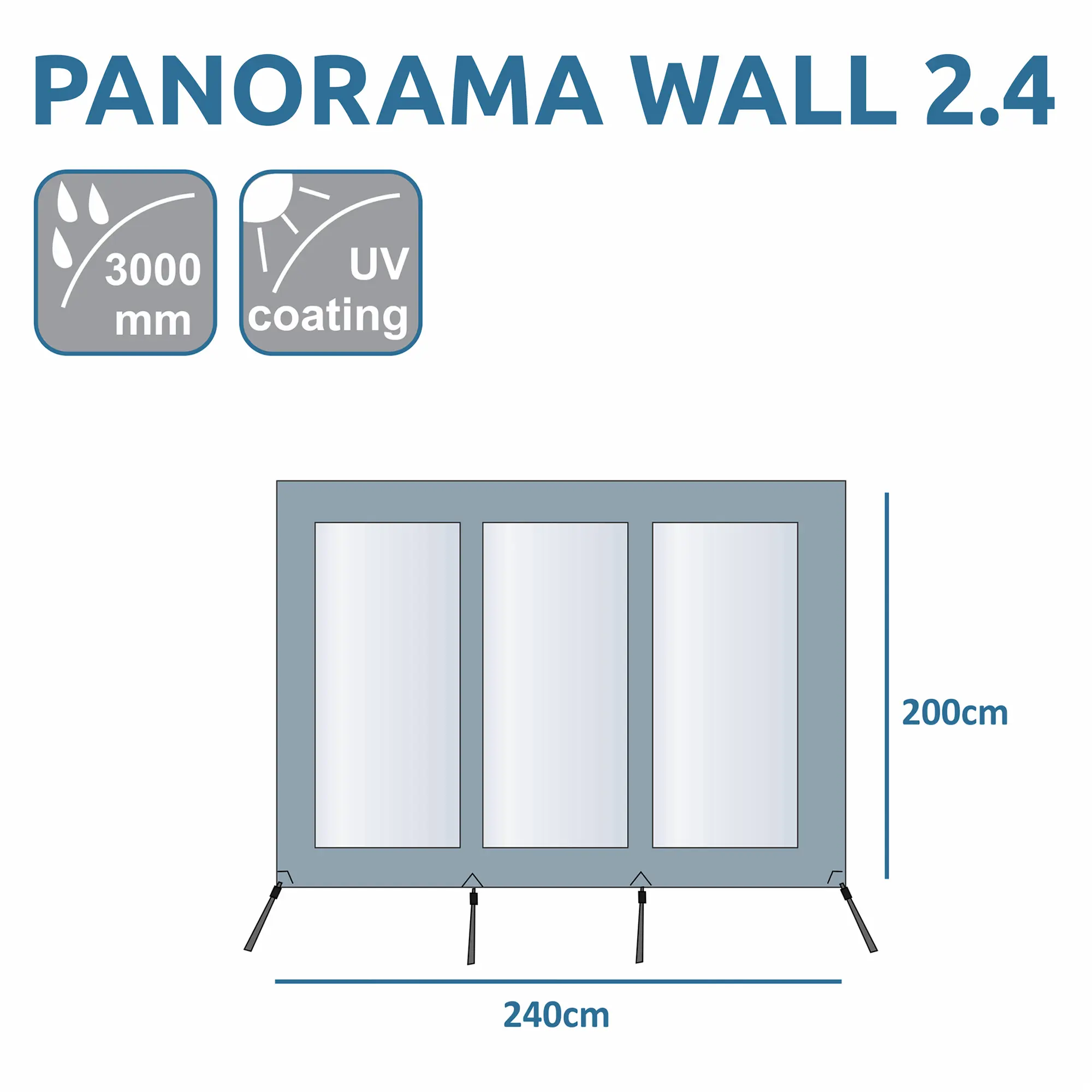 Pared frontal para toldo your GEAR Panorama Wall 2,4 x 2 m, color gris con tres ventanas, impermeable 3000 mm y protección UV, adecuada para proteger del sol, viento y lluvia, con medidas marcadas.