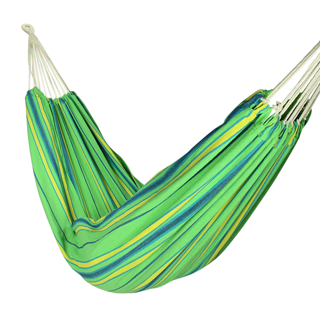 Hamac 10T Devellin XL pour 1 personne, tissu 100% coton, 220x110 cm, rayures vertes et jaunes, livré avec cordes de fixation. Idéal pour jardin, balcon ou camping.