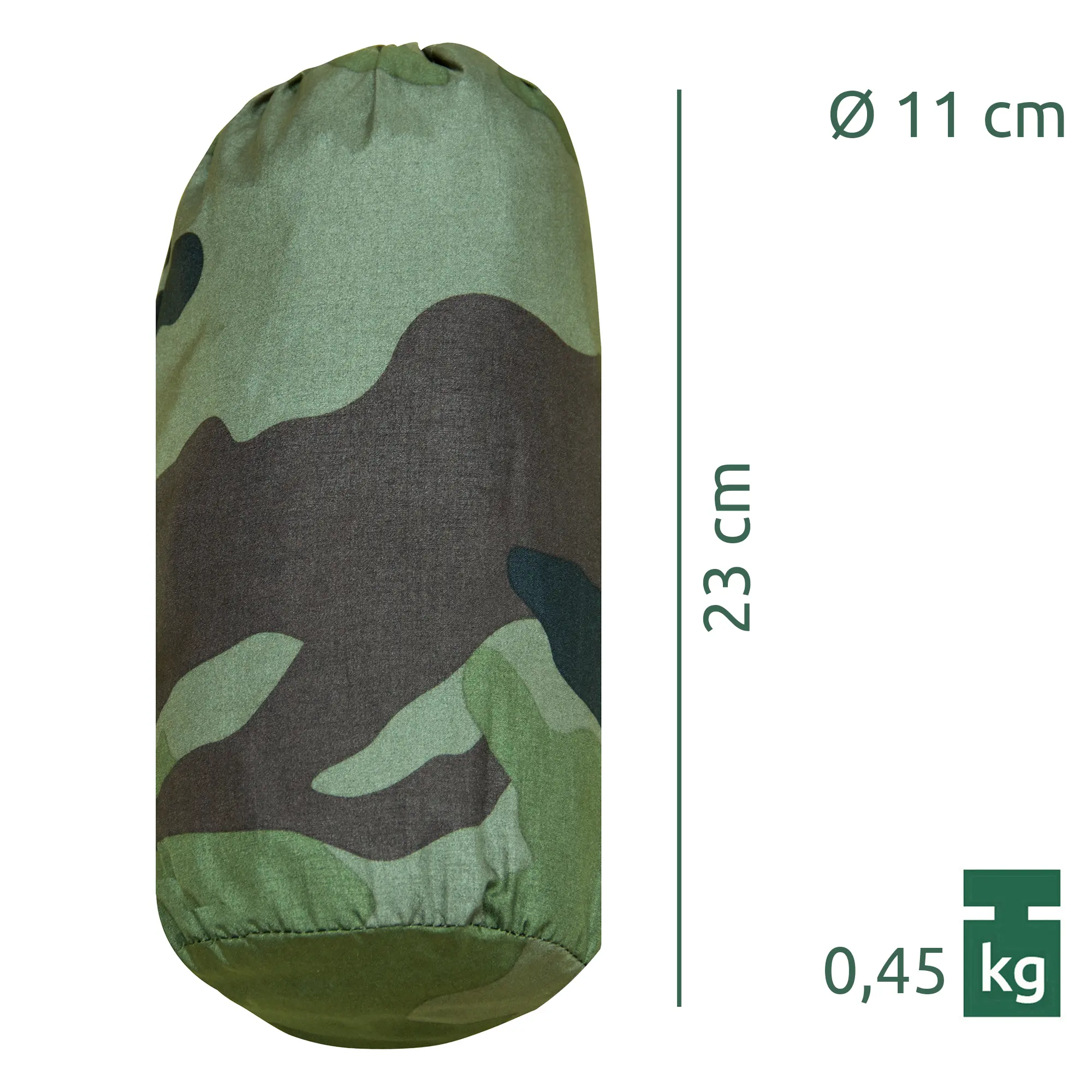 Housse de rangement camouflage pour hamac yourGEAR Katmai, dimensions 23 cm de hauteur et 11 cm de diamètre, poids 0,45 kg, tissu nylon ultraléger et résistant, adaptée au transport et au camping.