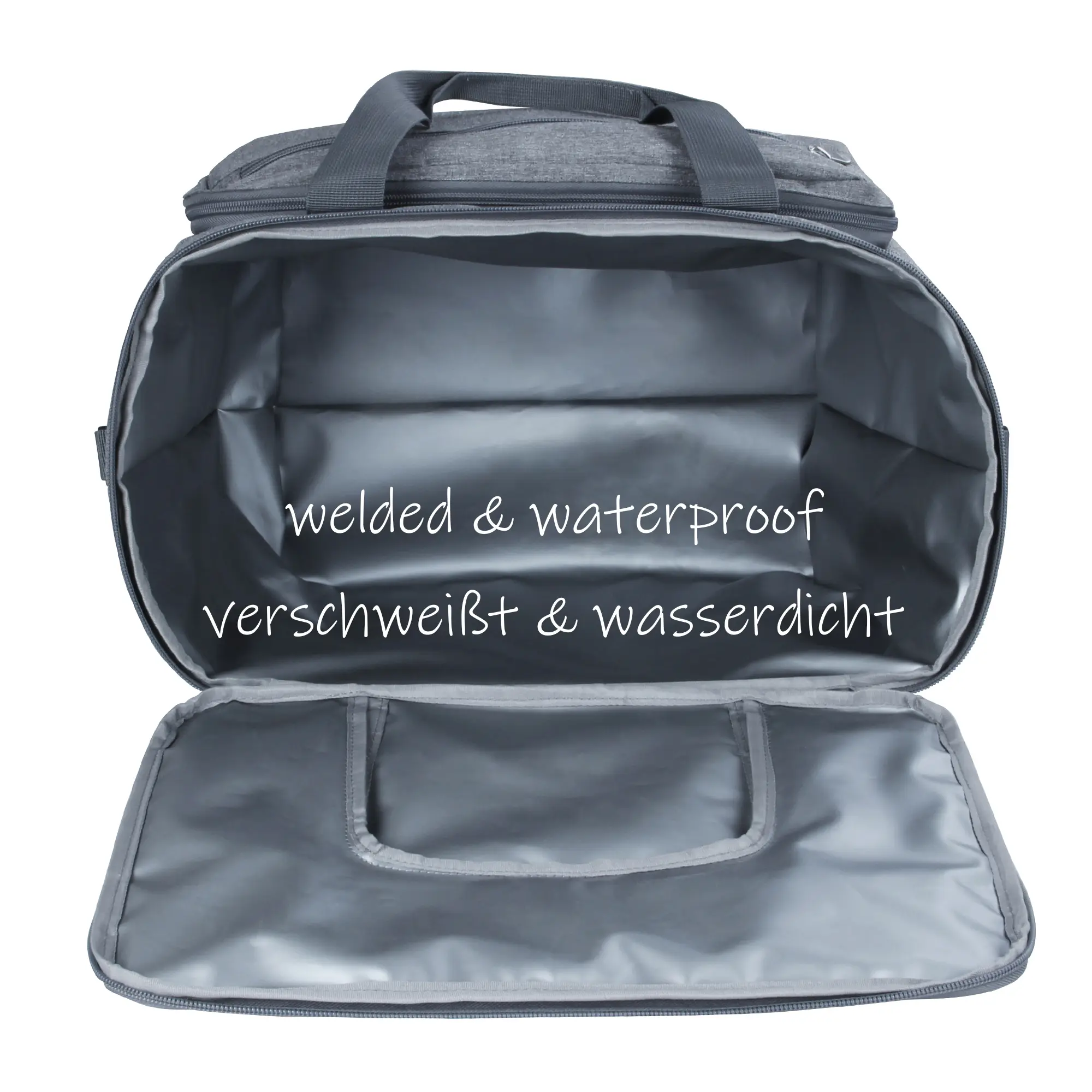 Large foldable your GEAR Cavoli cooler bag, 30L capacity, open to show welded, waterproof, grey insulated PEVA interior, sturdy handles and zippered lid; ideal for picnics, shopping, or transporting food and drinks.