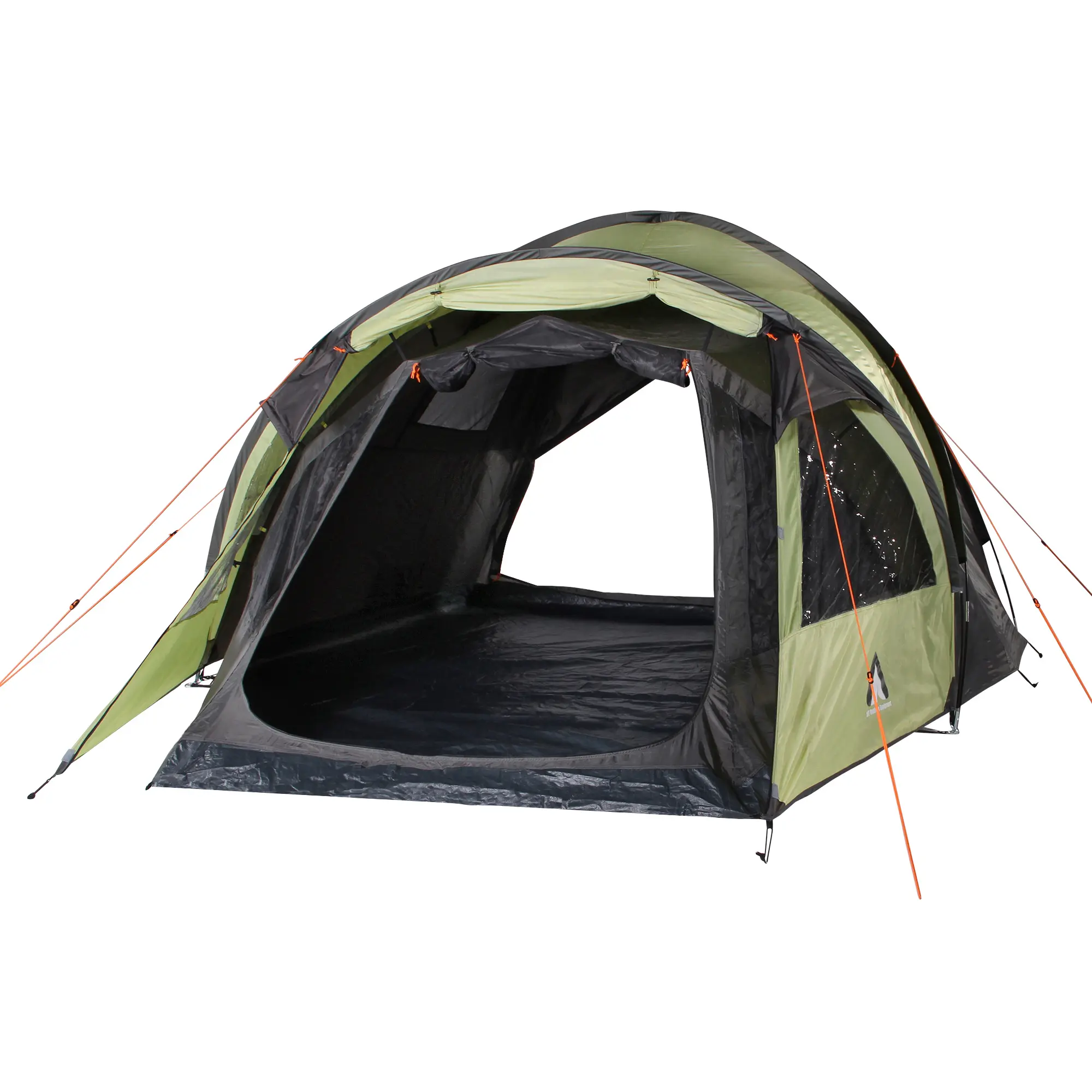 Grünes 10T Glenhill Beechnut 4 Mann Kuppelzelt mit großem Eingang, blickdichten Fenstern, XXL-Schlafkabine und Bodenwanne; wasserdichtes Familienzelt für 4 Personen, robust, mit orangenen Abspannleinen.