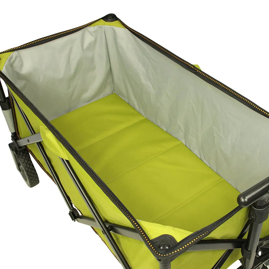 Bollerwagen 10T Cooler Trolley in Gelb-Grün, faltbar mit robustem Metallgestell, integriertem Kühlfach und großen Kunststoffrädern, ideal für Ausflüge, Strand und Picknick, geräumiger Innenraum.