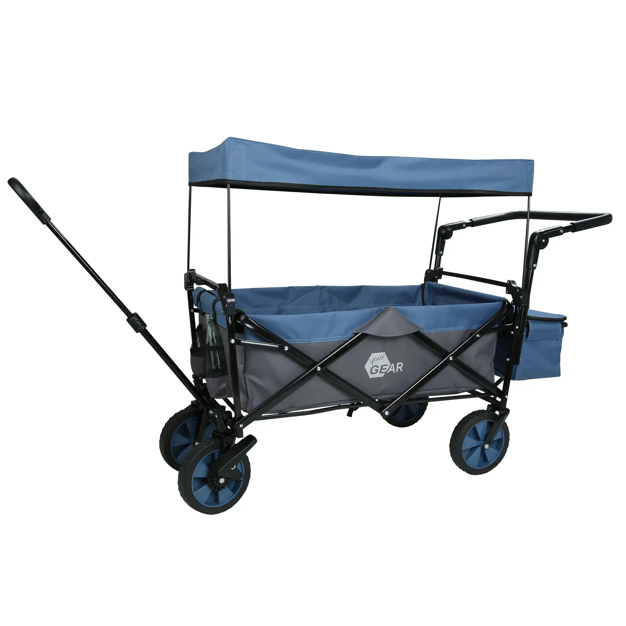 Carro plegable your GEAR Cirrus XL azul con toldo, frenos, ruedas de goma, barra de tiro larga y bolsa térmica, ideal para camping, jardín o ciudad, capacidad máxima 80 kg, diseño robusto y espacioso.